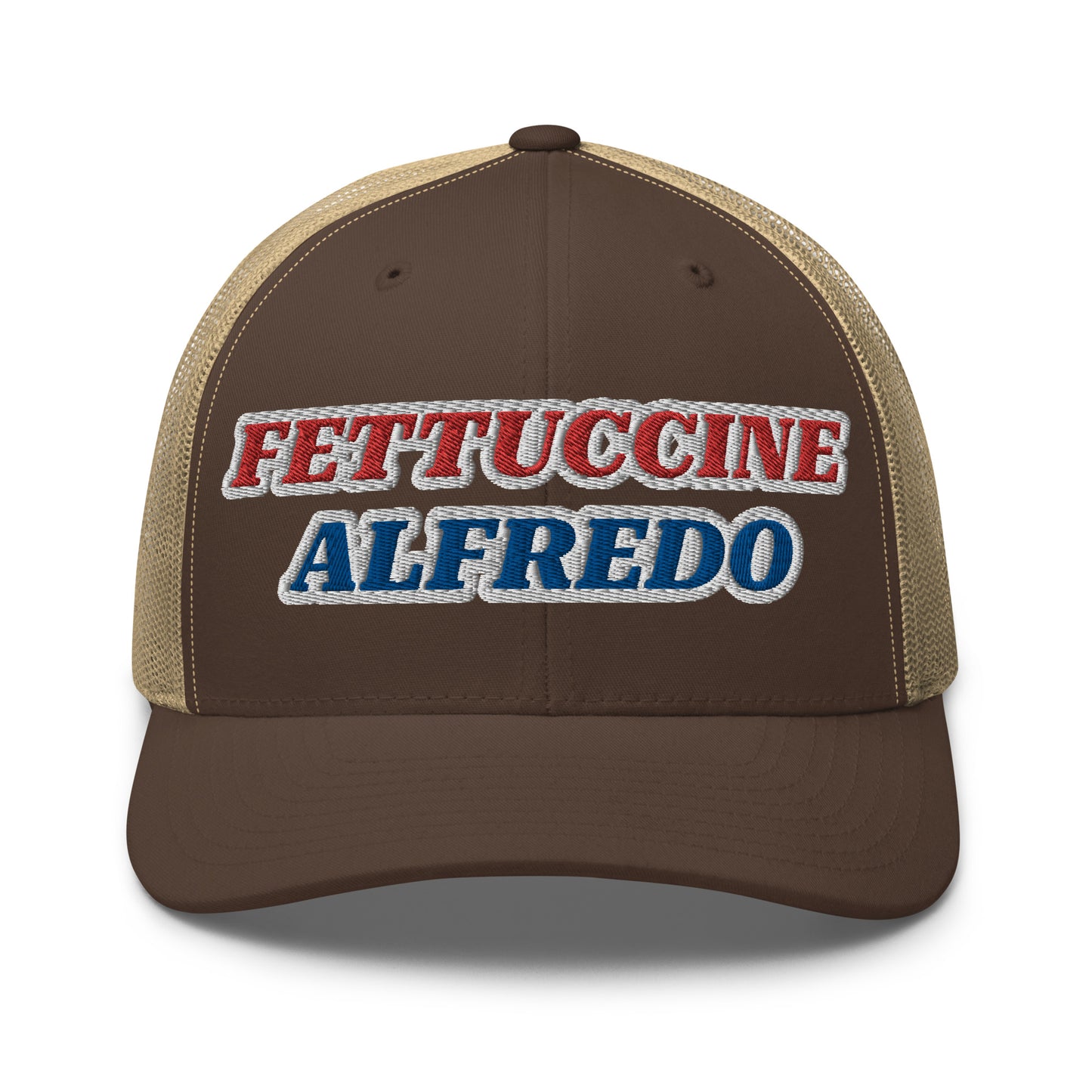 Khaki and brown Fettuccine Alfredo Hat - Love Fettuccine Alfredo? Make a statement in our Fettuccine Alfredo trucker hat. It's a classic trucker hat with a funny red, white and blue design, expertly embroidered on the front.