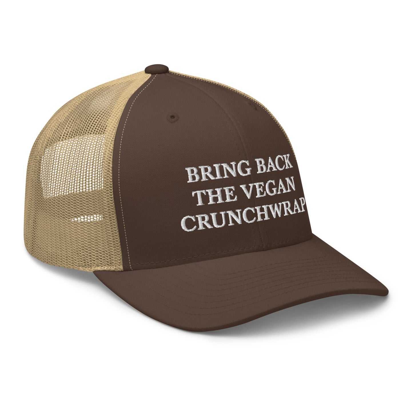 Brown and Khaki Bring Back The Vegan Crunchwrap Trucker Hat from Nina's Funky Shop by ninanush - Did you have a change to try the Tacobell vegan crunchwrap? Need a funny vegan foodie gift? This Bring Back The Vegan Crunchwrap Hat is comfortable, comes in a variety of colors and has a convenient adjustable closure. It's a fun vegan hat that's expertly embroidered and a perfect funny accessory for plant based babes.