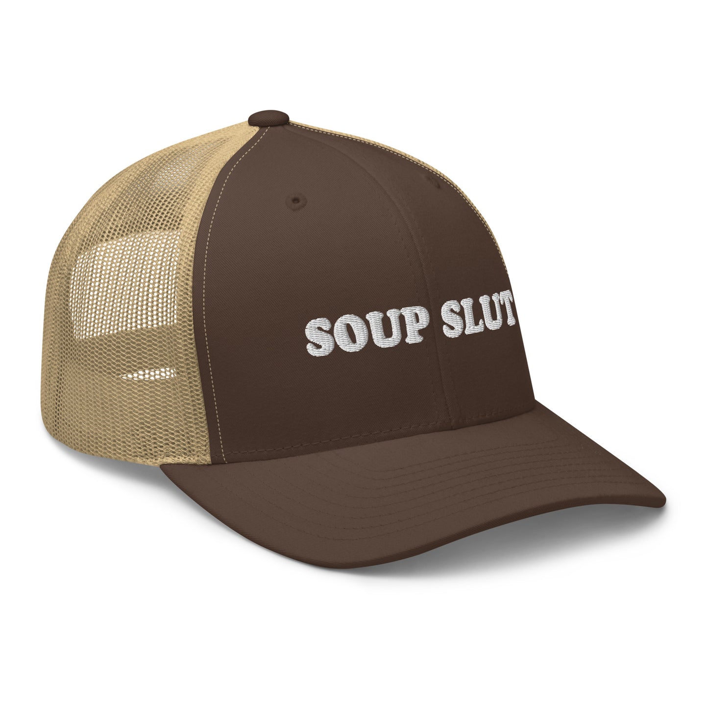 Brown Soup Slut Hat - Soup enthusiast? Looking for a funny gift for a foodie? This Soup Slut Trucker Hat is comfortable, comes in a variety of colors and has a convenient adjustable closure. This fun soup slut hat is expertly embroidered and the perfect hat for soup lovers and foodies of all kinds. Celebrate your favorite foods in our funky foodie clothing and accessories!