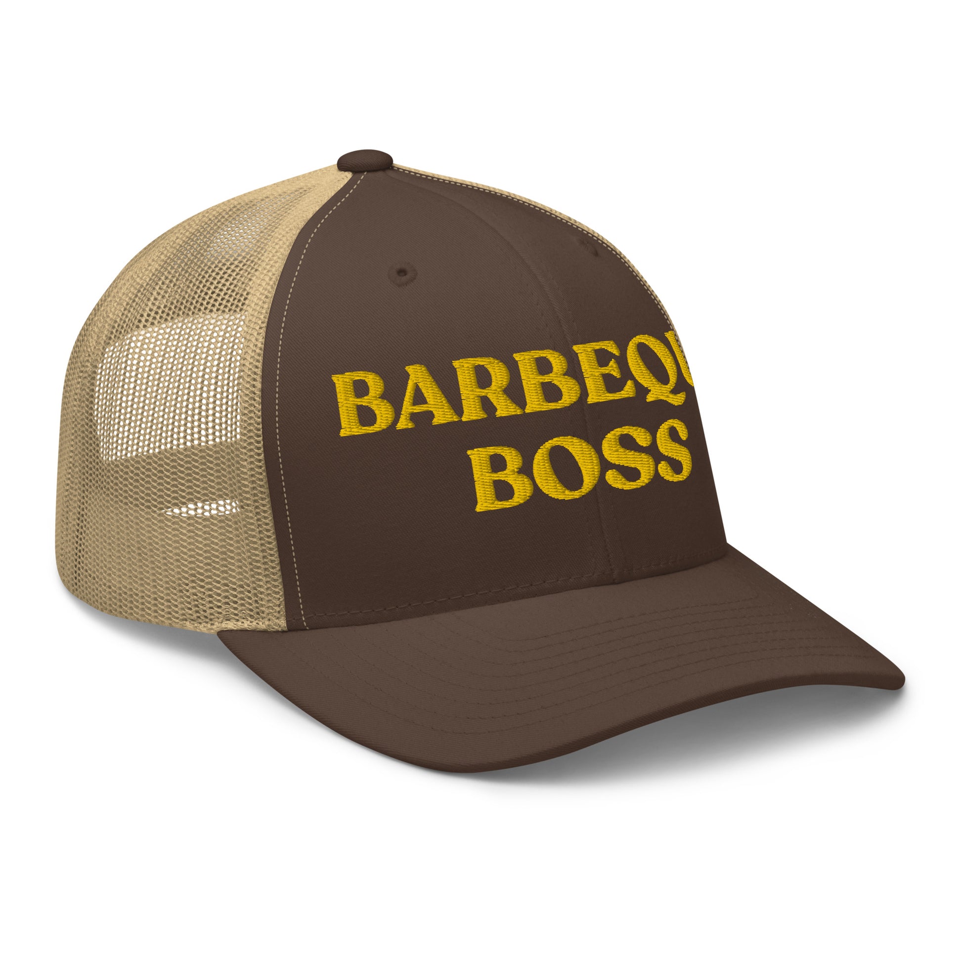 Brown Barbeque Boss Hat - Are you the Barbeque Boss? Looking for a gift for your favorite BBQ buddy? Our Barbeque Boss Trucker Hat might be just for you! It's a classic trucker hat, expertly embroidered with a funny text design. Perfect for summer barbeques or everyday streetwear.