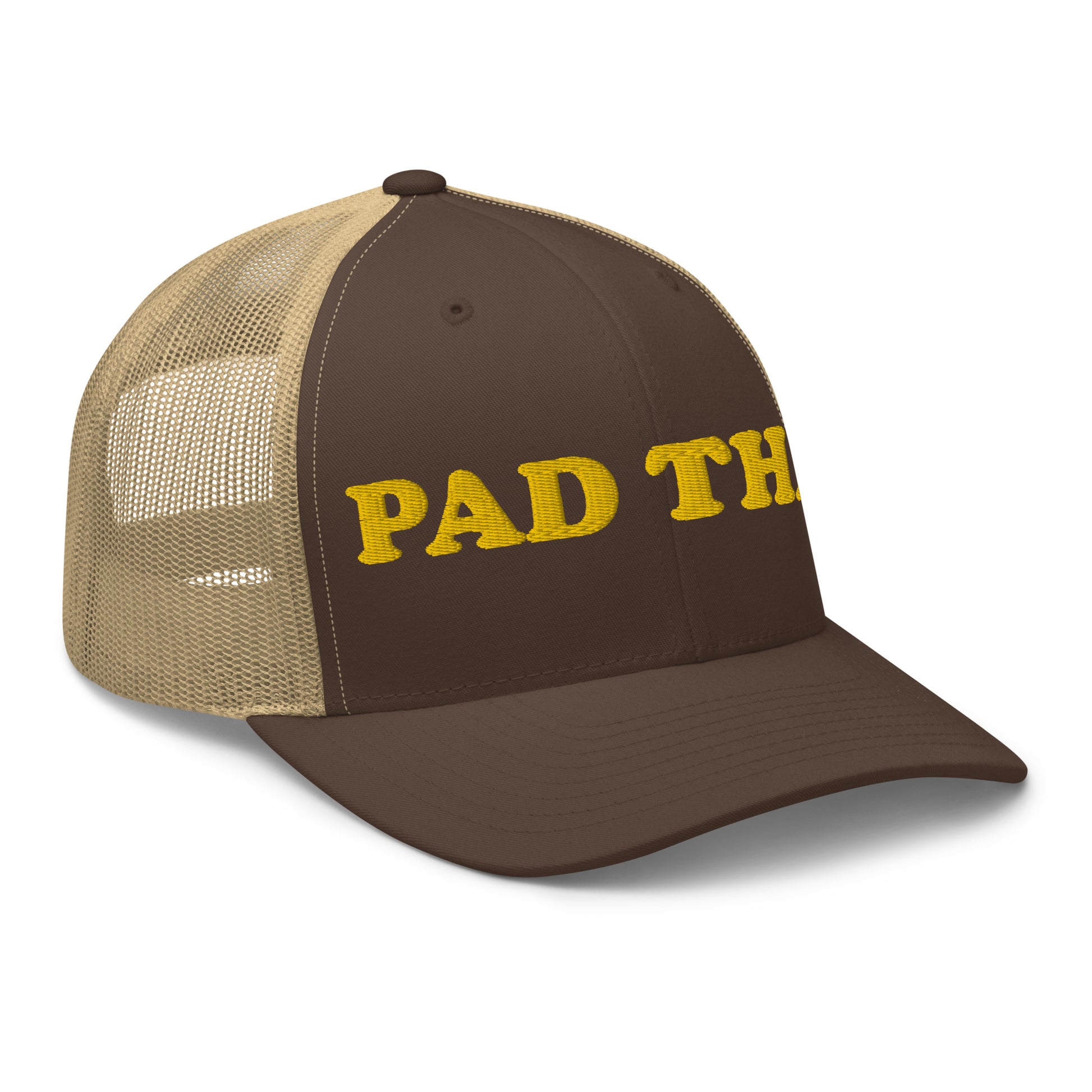 Brown Pad Thai hat - Love Pad Thai? Looking for a funny gift for a Pad Thai enthusiast? Our Pad Thai Hat is comfortable, adjustable and made just for you. It comes in a variety of colors with "Pad Thai", expertly embroidered on the front. Make a statement in this funny food hat. Perfect for everyday streetwear or your next touristy trip to Thailand.