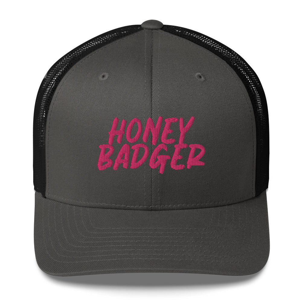 Gray and Black honey badger hat from Nina's Funky Shop by ninanush - Do you love honey badgers? Looking for a fun gift for a friend? This Honey Badger Trucker Hat is just what you need. It's comfortable, comes in a variety of colors and has a convenient adjustable closure. This honey badger hat is expertly embroidered and made just for you.