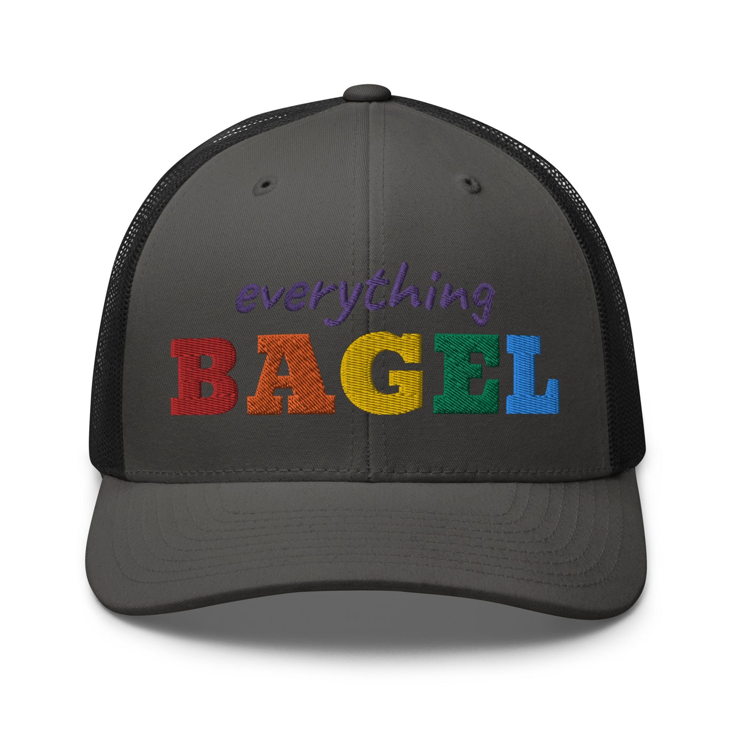 Gray Trucker Hat for Pride - Our Everything Bagel Pride Bucket Hat is sure to turn heads and have everyone asking, "Where'd you get that hat?" It's comfortable, adjustable and comes in a variety of colors with a funny rainbow design for pride. Looking for something personalized? Shoot us an email!