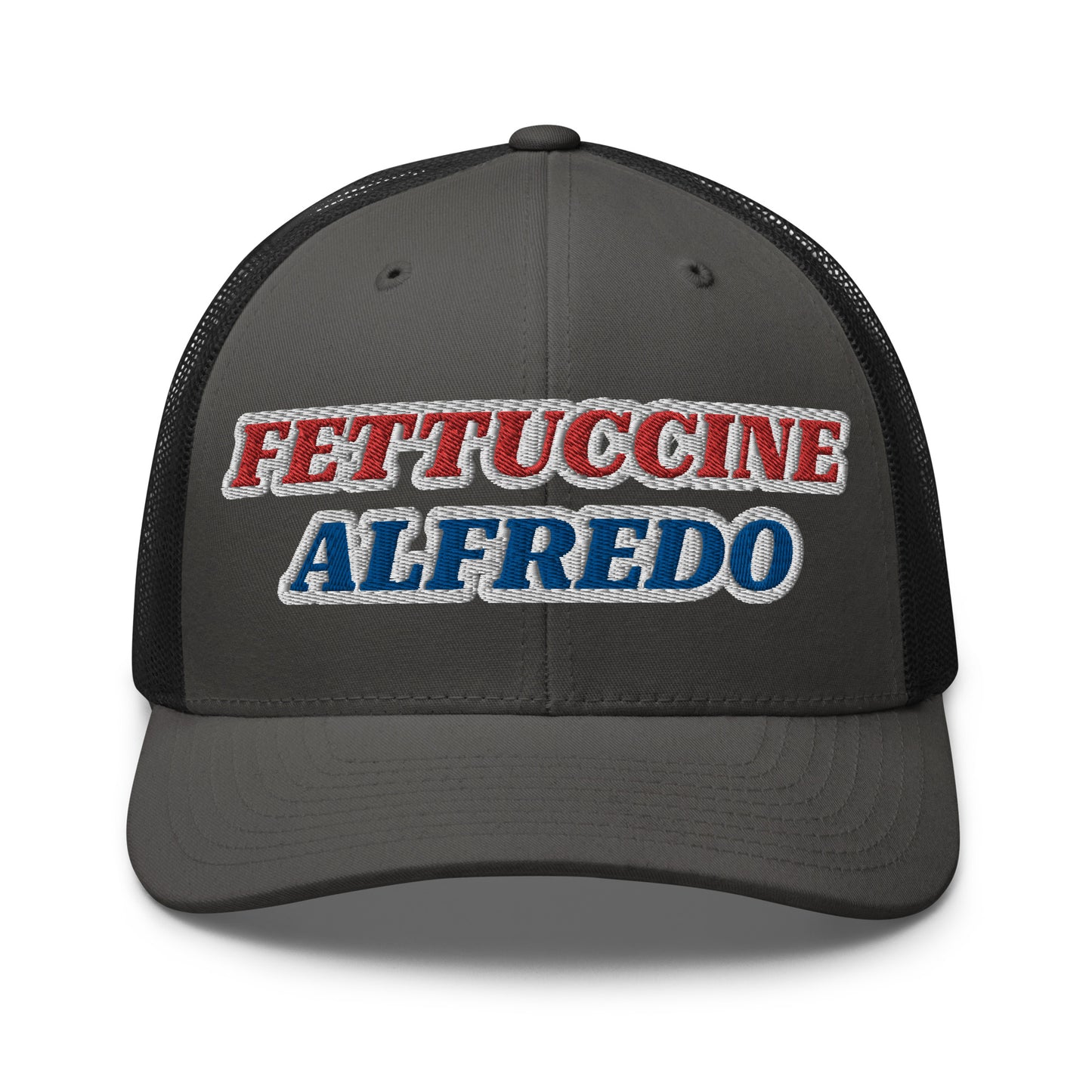 Black and gray Fettuccine Alfredo Hat - Love Fettuccine Alfredo? Make a statement in our Fettuccine Alfredo trucker hat. It's a classic trucker hat with a funny red, white and blue design, expertly embroidered on the front.