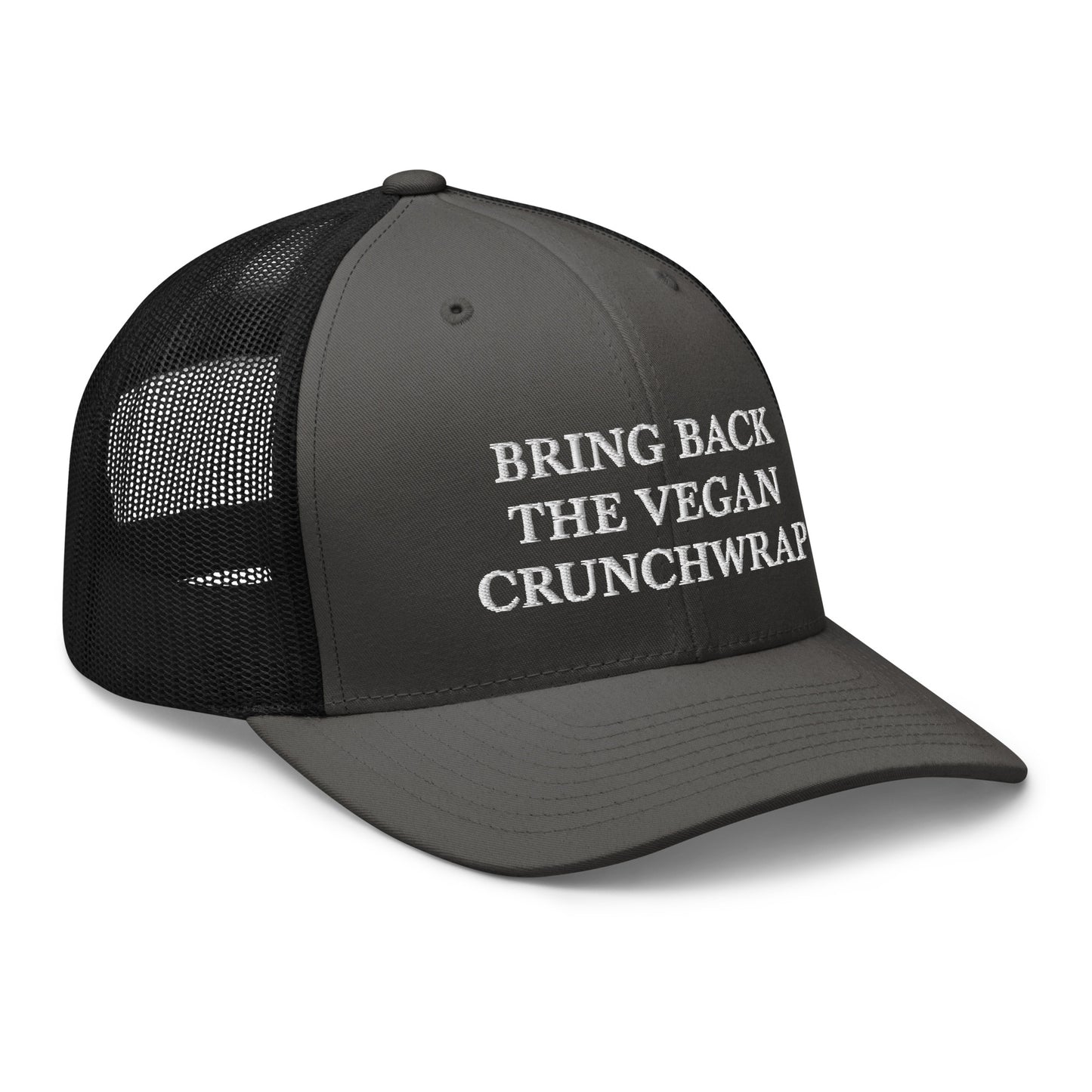 Gray and Black Bring Back The Vegan Crunchwrap Trucker Hat from Nina's Funky Shop by ninanush - Did you have a change to try the Tacobell vegan crunchwrap? Need a funny vegan foodie gift? This Bring Back The Vegan Crunchwrap Hat is comfortable, comes in a variety of colors and has a convenient adjustable closure. It's a fun vegan hat that's expertly embroidered and a perfect funny accessory for plant based babes.