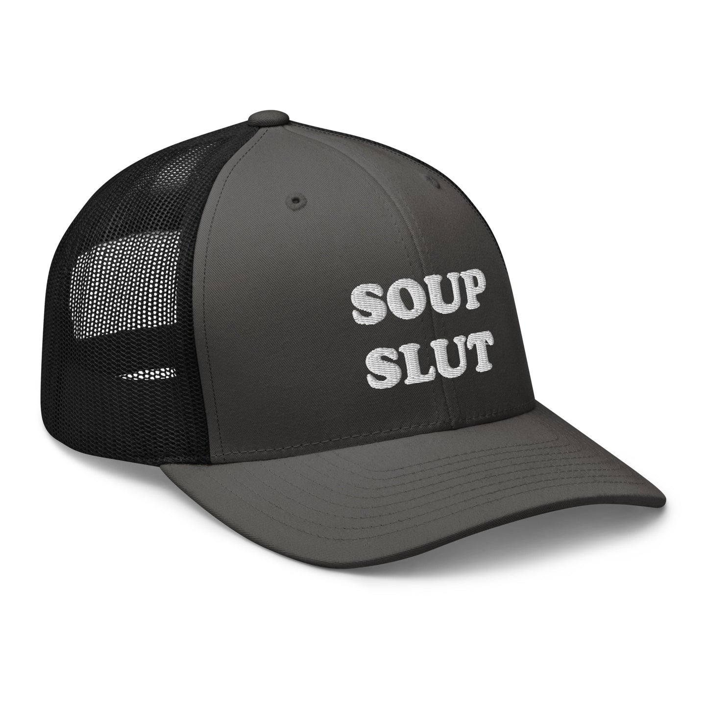 Gray and Black soup slut hat from Nina's Funky Shop by ninanush - Do you love soup? Looking for a funny gift for a soup lover? This Soup Slut Trucker Hat is comfortable, comes in a variety of colors and has a convenient adjustable closure. It's a funny trucker hat with "soup slut", expertly embroidered on the front. The perfect hat for soup enthusiasts and foodies of all kinds.