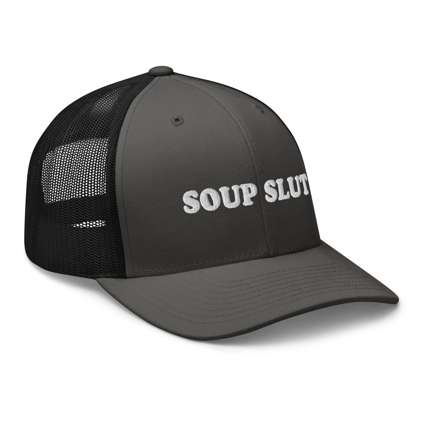 Dark Gray Soup Slut Hat - Soup enthusiast? Looking for a funny gift for a foodie? This Soup Slut Trucker Hat is comfortable, comes in a variety of colors and has a convenient adjustable closure. This fun soup slut hat is expertly embroidered and the perfect hat for soup lovers and foodies of all kinds. Celebrate your favorite foods in our funky foodie clothing and accessories!