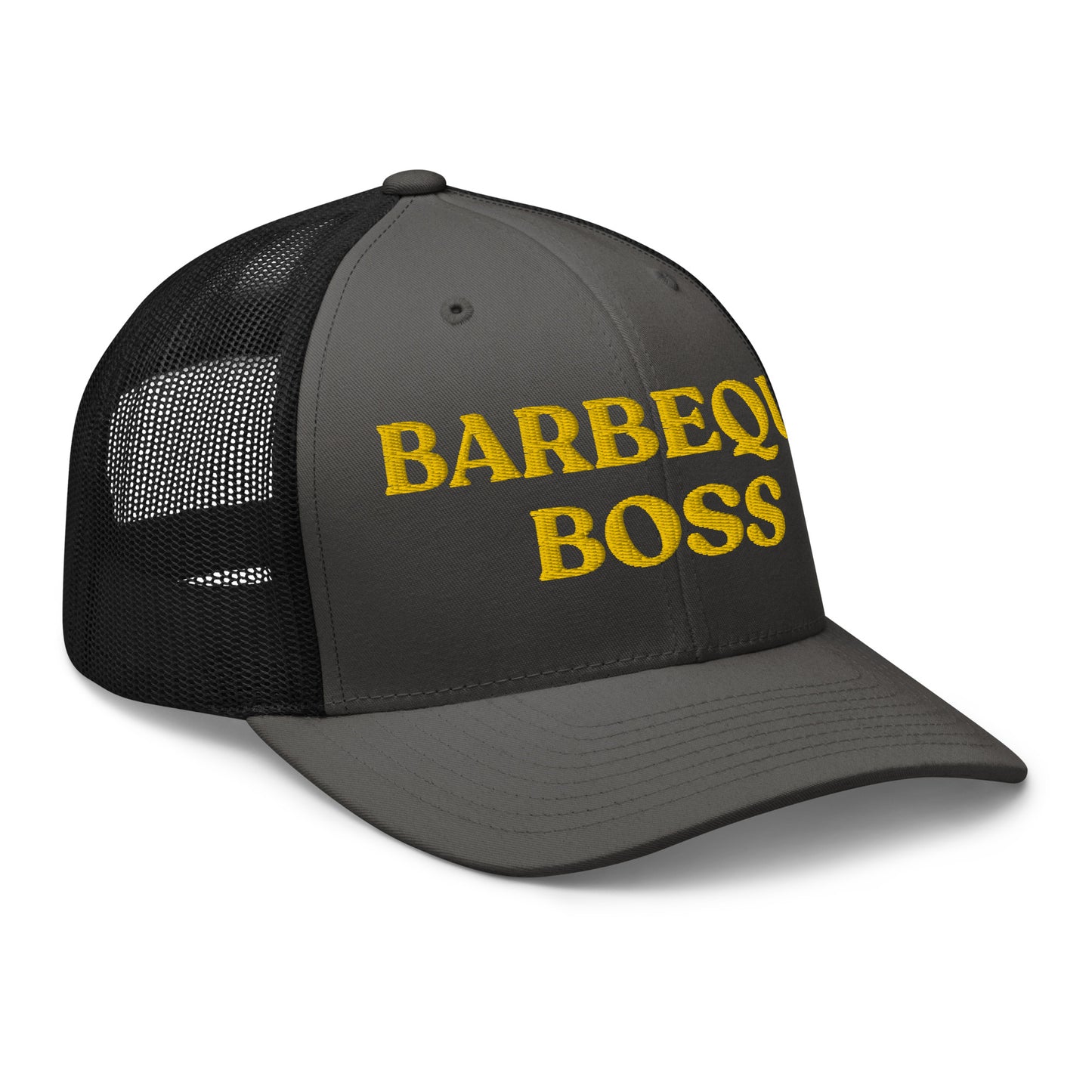 Dark Gray and black Barbeque Boss Hat - Are you the Barbeque Boss? Looking for a gift for your favorite BBQ buddy? Our Barbeque Boss Trucker Hat might be just for you! It's a classic trucker hat, expertly embroidered with a funny text design. Perfect for summer barbeques or everyday streetwear.