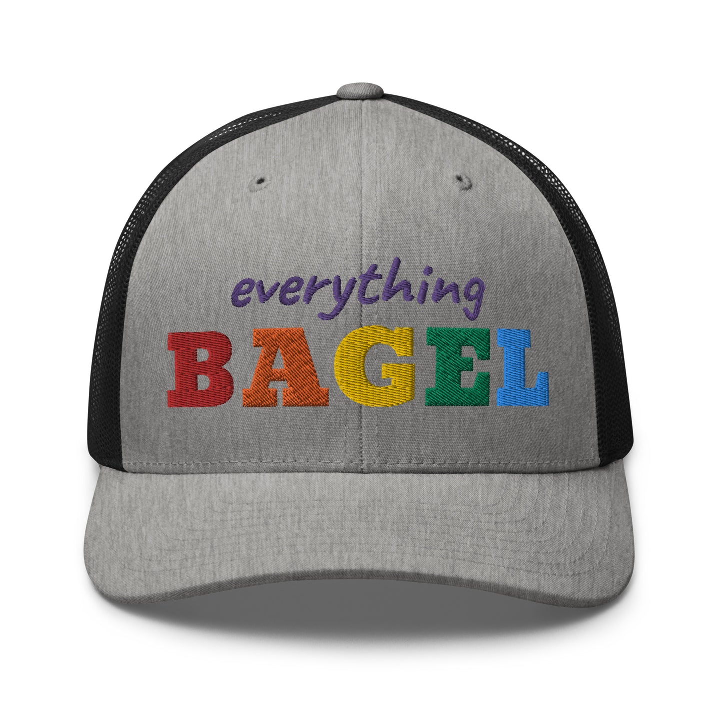 Gray Trucker Hat for Pride - Our Everything Bagel Pride Bucket Hat is sure to turn heads and have everyone asking, "Where'd you get that hat?" It's comfortable, adjustable and comes in a variety of colors with a funny rainbow design for pride. Looking for something personalized? Shoot us an email!