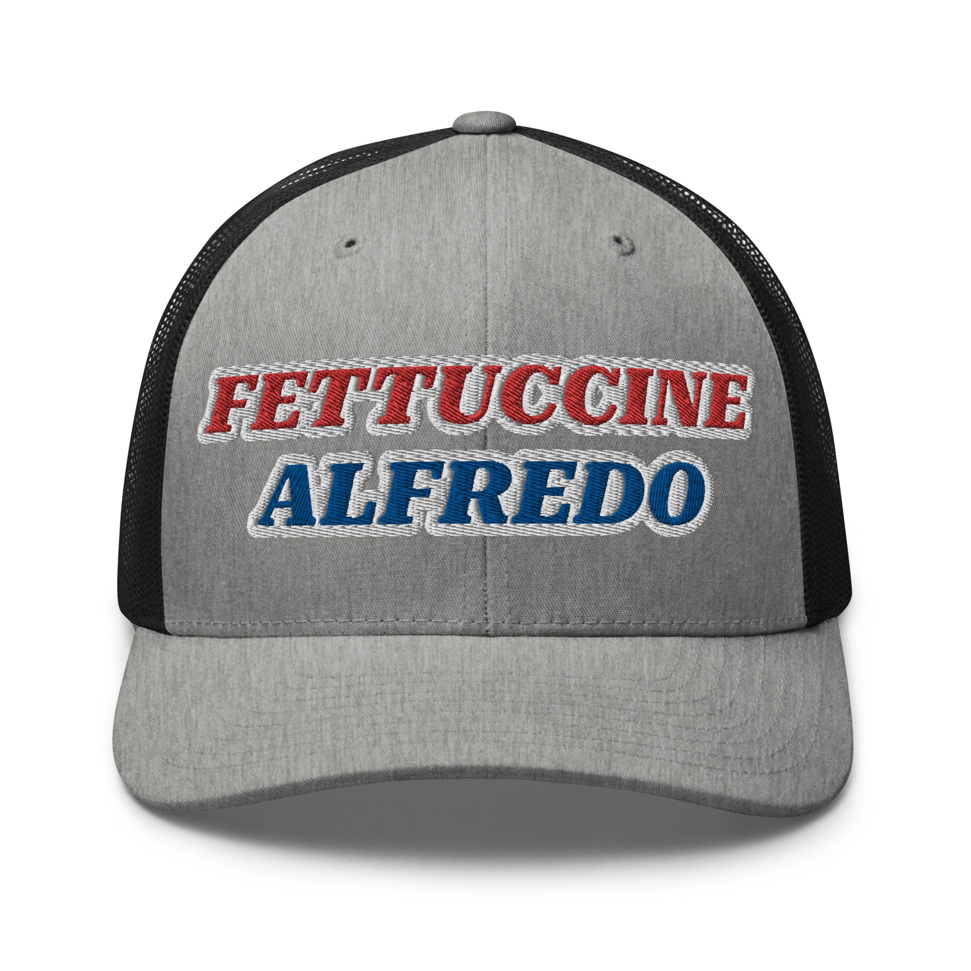 Gray and Black Fettuccine Alfredo Hat - Love Fettuccine Alfredo? Make a statement in our Fettuccine Alfredo trucker hat. It's a classic trucker hat with a funny red, white and blue design, expertly embroidered on the front.