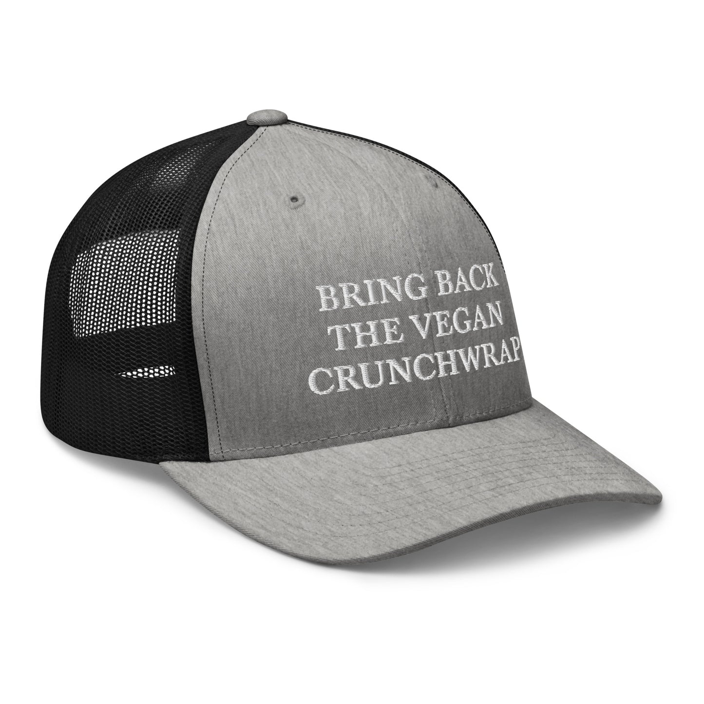 Gray and Black Bring Back The Vegan Crunchwrap Trucker Hat from Nina's Funky Shop by ninanush - Did you have a change to try the Tacobell vegan crunchwrap? Need a funny vegan foodie gift? This Bring Back The Vegan Crunchwrap Hat is comfortable, comes in a variety of colors and has a convenient adjustable closure. It's a fun vegan hat that's expertly embroidered and a perfect funny accessory for plant based babes.