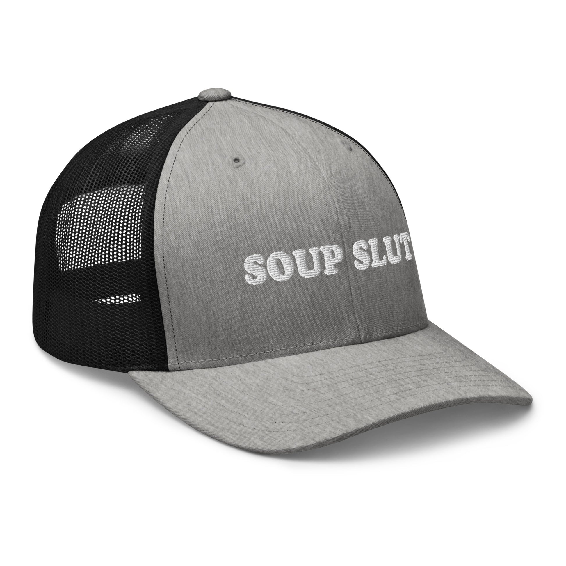 Gray Soup Slut Hat - Soup enthusiast? Looking for a funny gift for a foodie? This Soup Slut Trucker Hat is comfortable, comes in a variety of colors and has a convenient adjustable closure. This fun soup slut hat is expertly embroidered and the perfect hat for soup lovers and foodies of all kinds. Celebrate your favorite foods in our funky foodie clothing and accessories!