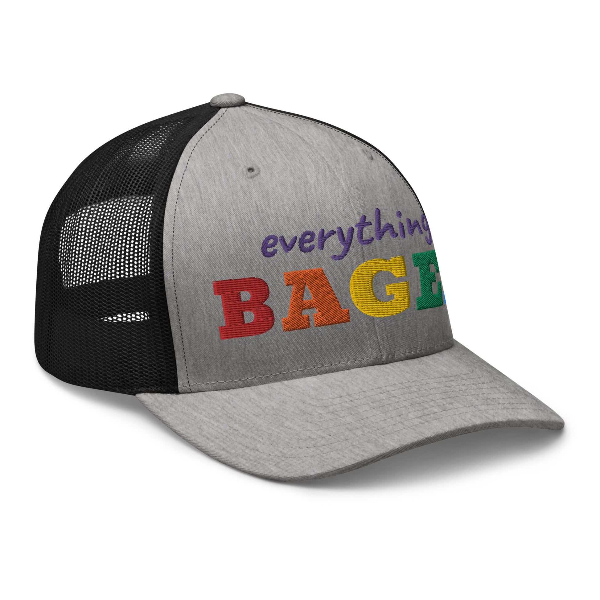 Gray Everything Bagel Trucker Hat for Pride - Our Everything Bagel Pride Bucket Hat is sure to turn heads and have everyone asking, "Where'd you get that hat?" It's comfortable, adjustable and comes in a variety of colors with a funny rainbow design for pride. Looking for something personalized? Shoot us an email! 