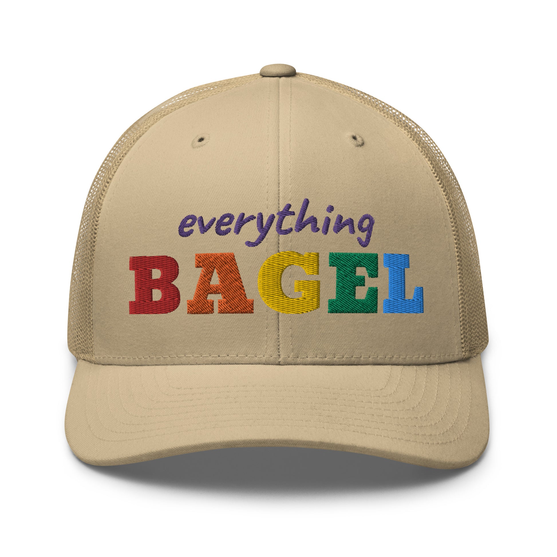 Tan Trucker Hat for Pride - Our Everything Bagel Pride Bucket Hat is sure to turn heads and have everyone asking, "Where'd you get that hat?" It's comfortable, adjustable and comes in a variety of colors with a funny rainbow design for pride. Looking for something personalized? Shoot us an email!