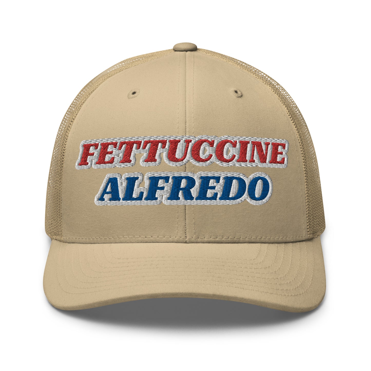 Khaki Fettuccine Alfredo Hat - Love Fettuccine Alfredo? Make a statement in our Fettuccine Alfredo trucker hat. It's a classic trucker hat with a funny red, white and blue design, expertly embroidered on the front.