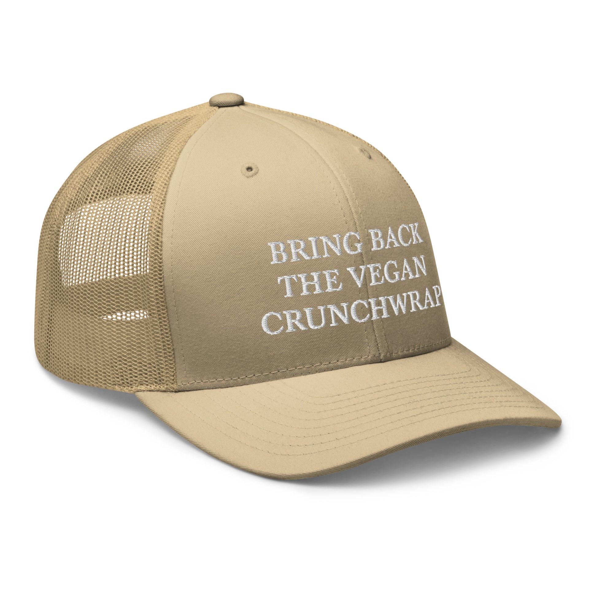 Khaki Bring Back The Vegan Crunchwrap Trucker Hat from Nina's Funky Shop by ninanush - Did you have a change to try the Tacobell vegan crunchwrap? Need a funny vegan foodie gift? This Bring Back The Vegan Crunchwrap Hat is comfortable, comes in a variety of colors and has a convenient adjustable closure. It's a fun vegan hat that's expertly embroidered and a perfect funny accessory for plant based babes.