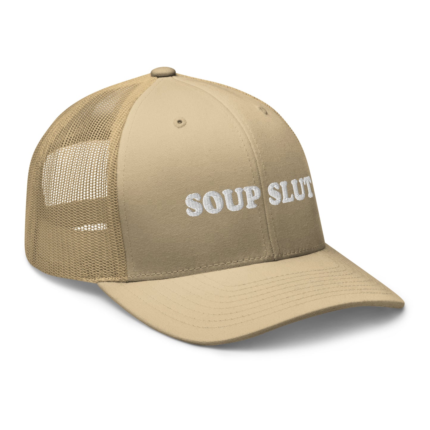 Khaki Soup Slut Hat - Soup enthusiast? Looking for a funny gift for a foodie? This Soup Slut Trucker Hat is comfortable, comes in a variety of colors and has a convenient adjustable closure. This fun soup slut hat is expertly embroidered and the perfect hat for soup lovers and foodies of all kinds. Celebrate your favorite foods in our funky foodie clothing and accessories!