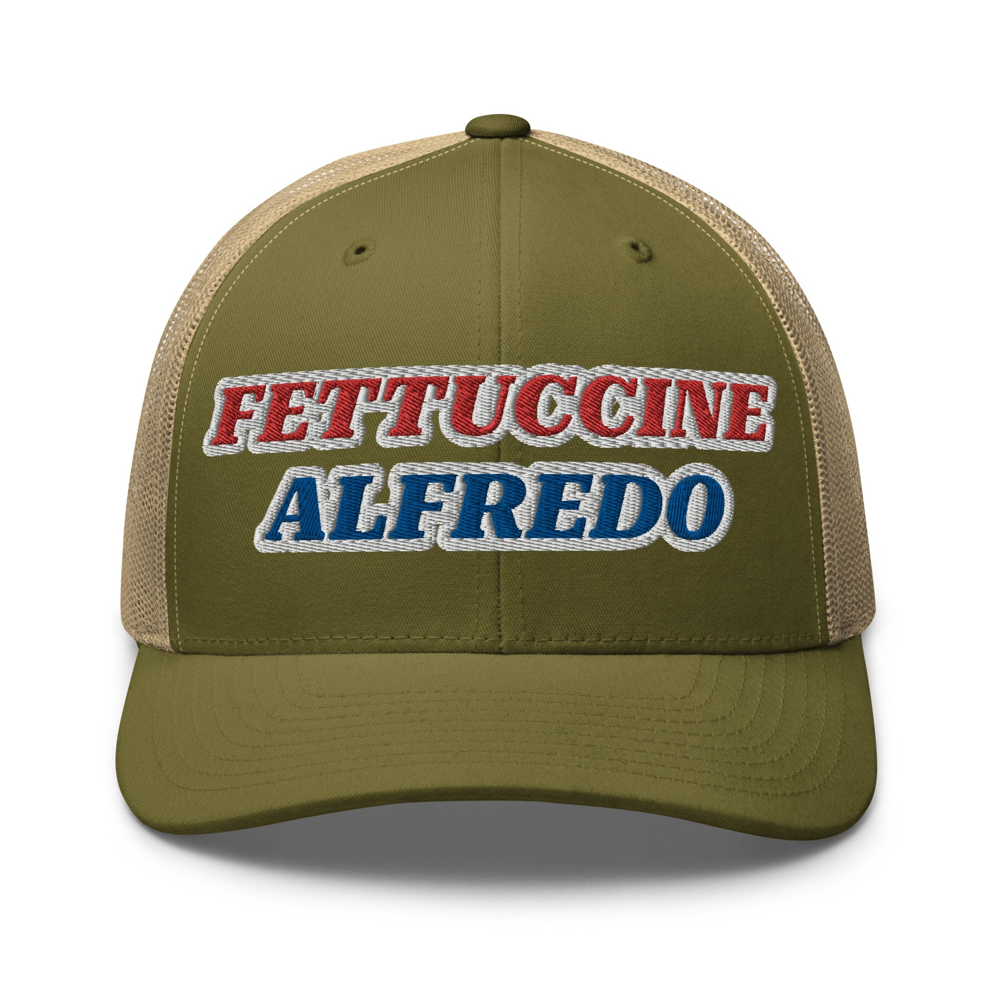 Green Fettuccine Alfredo Hat - Love Fettuccine Alfredo? Make a statement in our Fettuccine Alfredo trucker hat. It's a classic trucker hat with a funny red, white and blue design, expertly embroidered on the front.