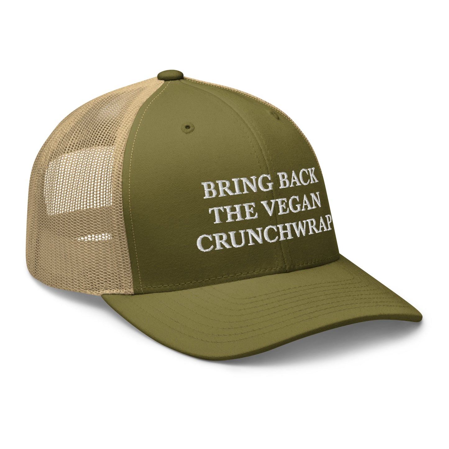 Green and Khaki Bring Back The Vegan Crunchwrap Trucker Hat from Nina's Funky Shop by ninanush - Did you have a change to try the Tacobell vegan crunchwrap? Need a funny vegan foodie gift? This Bring Back The Vegan Crunchwrap Hat is comfortable, comes in a variety of colors and has a convenient adjustable closure. It's a fun vegan hat that's expertly embroidered and a perfect funny accessory for plant based babes.