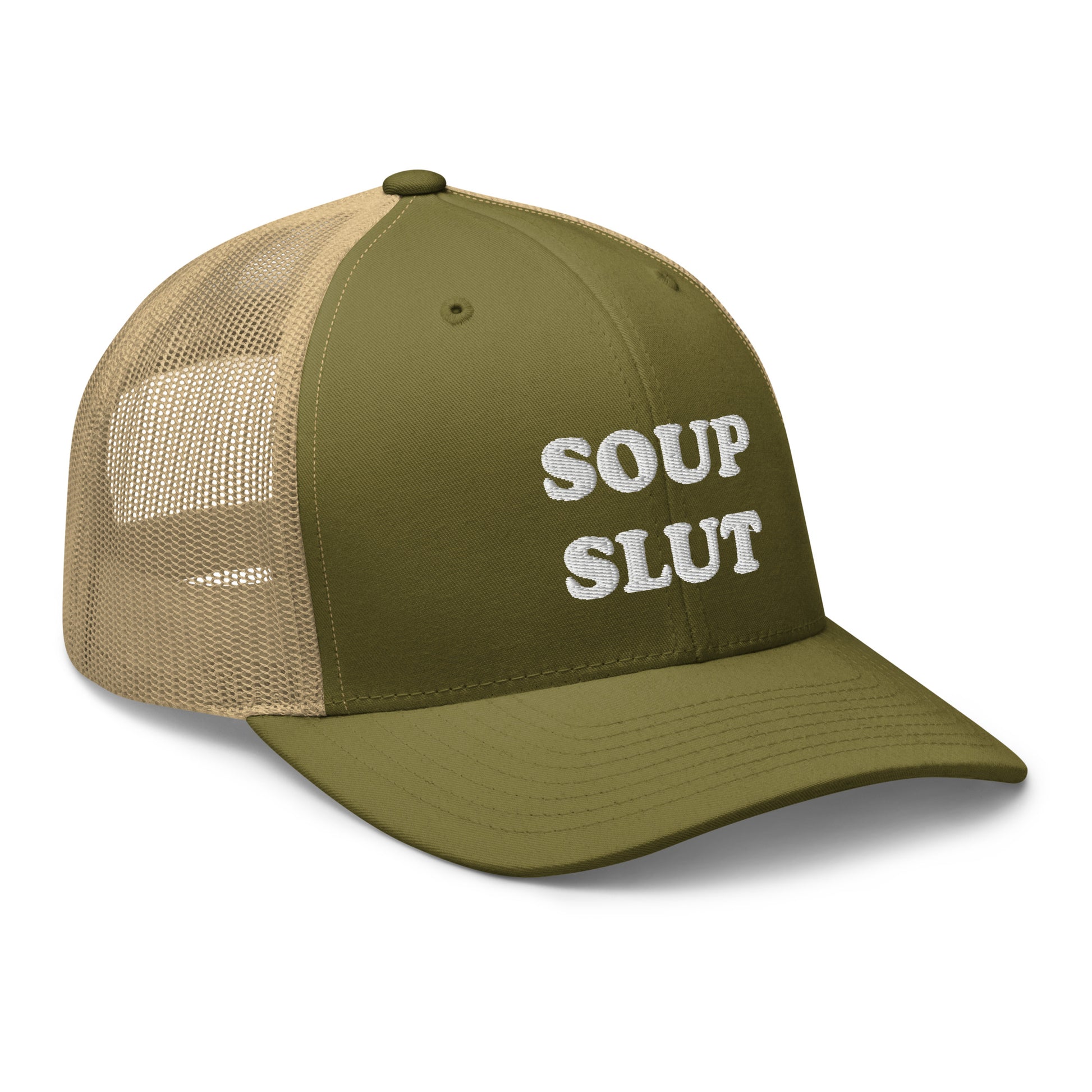 Green soup slut hat from Nina's Funky Shop by ninanush - Do you love soup? Looking for a funny gift for a soup lover? This Soup Slut Trucker Hat is comfortable, comes in a variety of colors and has a convenient adjustable closure. It's a funny trucker hat with "soup slut", expertly embroidered on the front. The perfect hat for soup enthusiasts and foodies of all kinds.