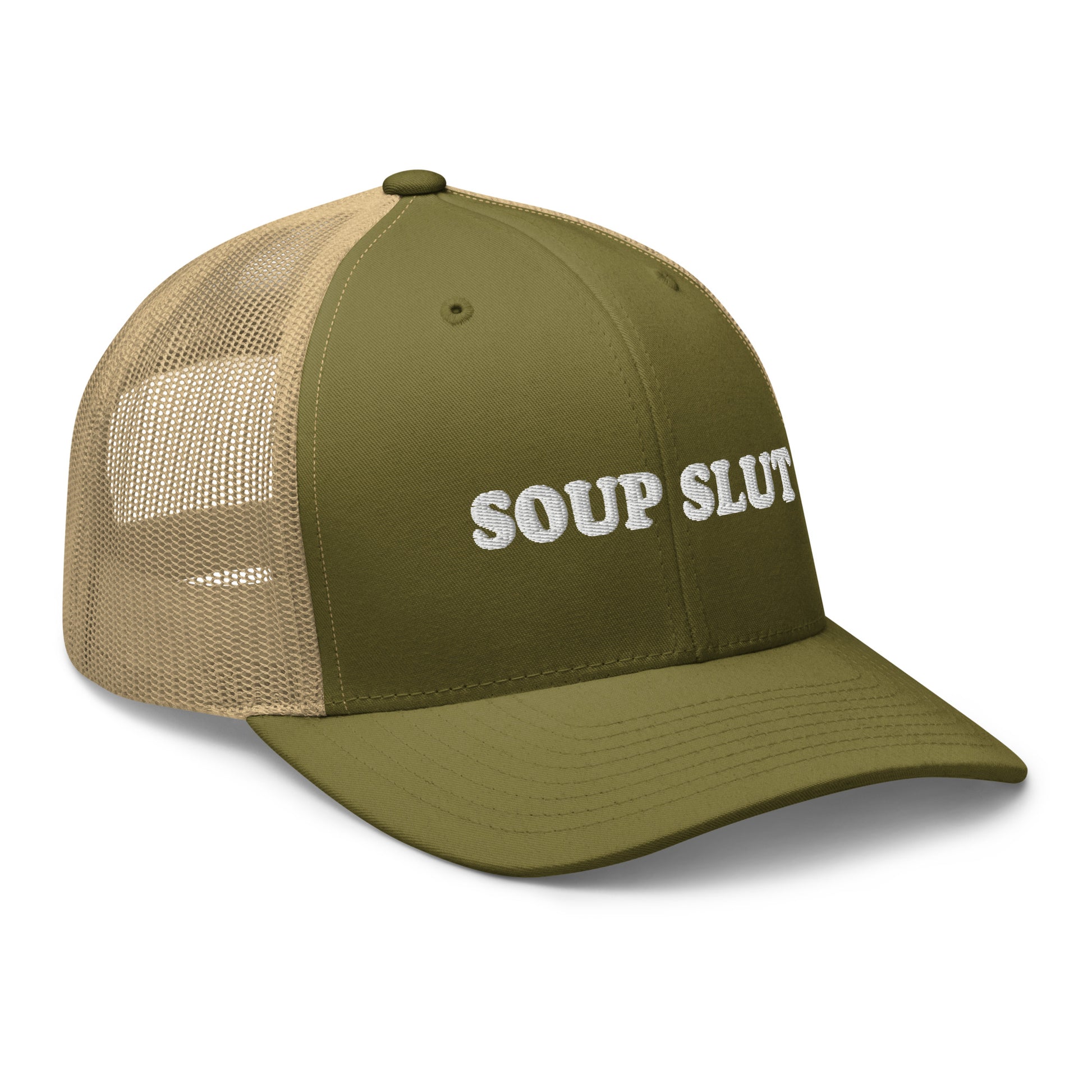 Green Soup Slut Hat - Soup enthusiast? Looking for a funny gift for a foodie? This Soup Slut Trucker Hat is comfortable, comes in a variety of colors and has a convenient adjustable closure. This fun soup slut hat is expertly embroidered and the perfect hat for soup lovers and foodies of all kinds. Celebrate your favorite foods in our funky foodie clothing and accessories!