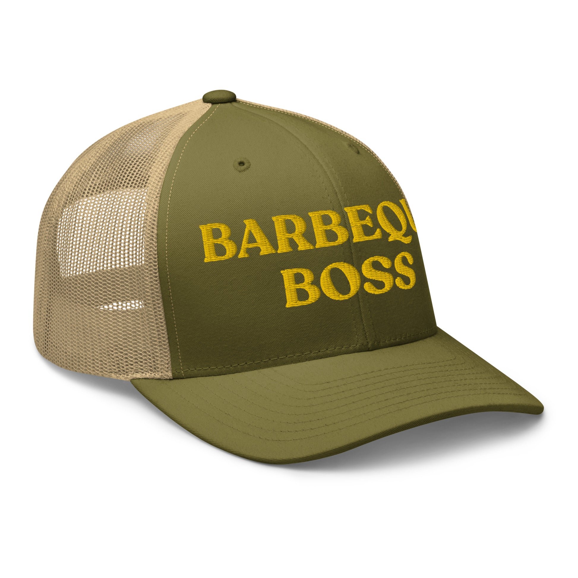 Green Barbeque Boss Hat - Are you the Barbeque Boss? Looking for a gift for your favorite BBQ buddy? Our Barbeque Boss Trucker Hat might be just for you! It's a classic trucker hat, expertly embroidered with a funny text design. Perfect for summer barbeques or everyday streetwear.