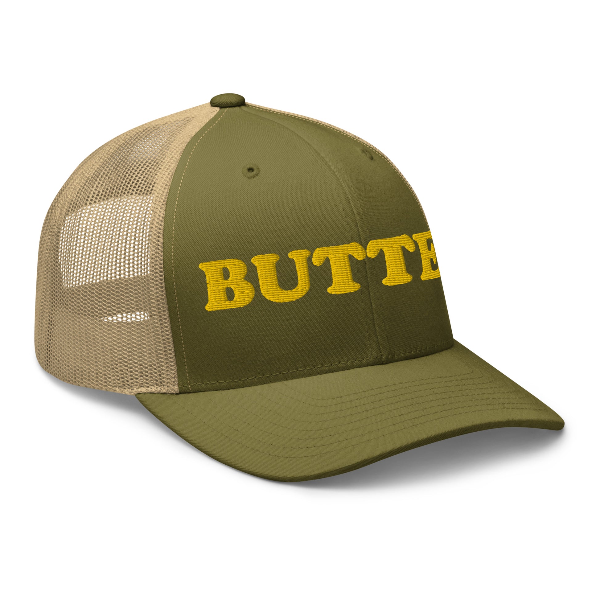 Green Butter hat - Are you a butter enthusiast? Looking for a funny gift? Our Butter Hat is comfortable and made just for you. It comes in a variety of colors with "butter", expertly embroidered on the front. Make a statement and eat your favorite buttery foods in our butter trucker hat.