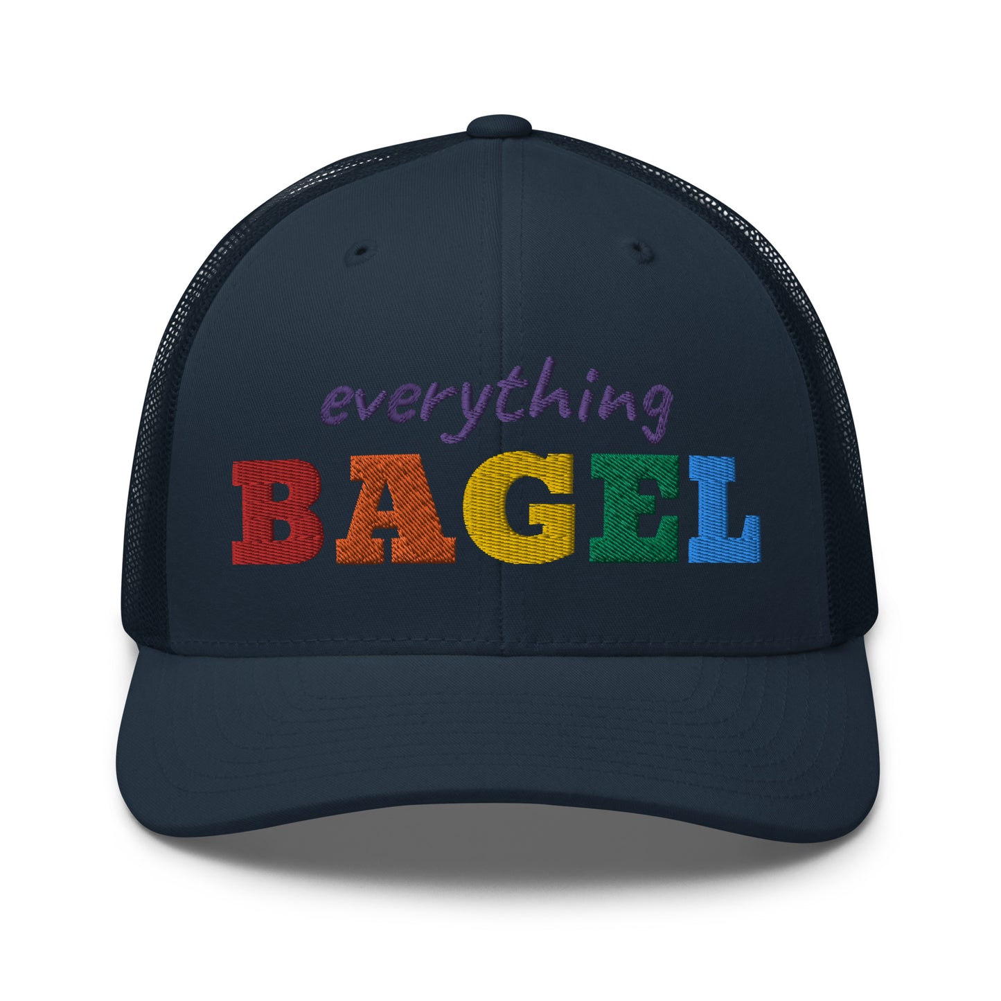 Navy Trucker Hat with Pride Design - Our Everything Bagel Pride Bucket Hat is sure to turn heads and have everyone asking, "Where'd you get that hat?" It's comfortable, adjustable and comes in a variety of colors with a funny rainbow design for pride. Looking for something personalized? Shoot us an email! 