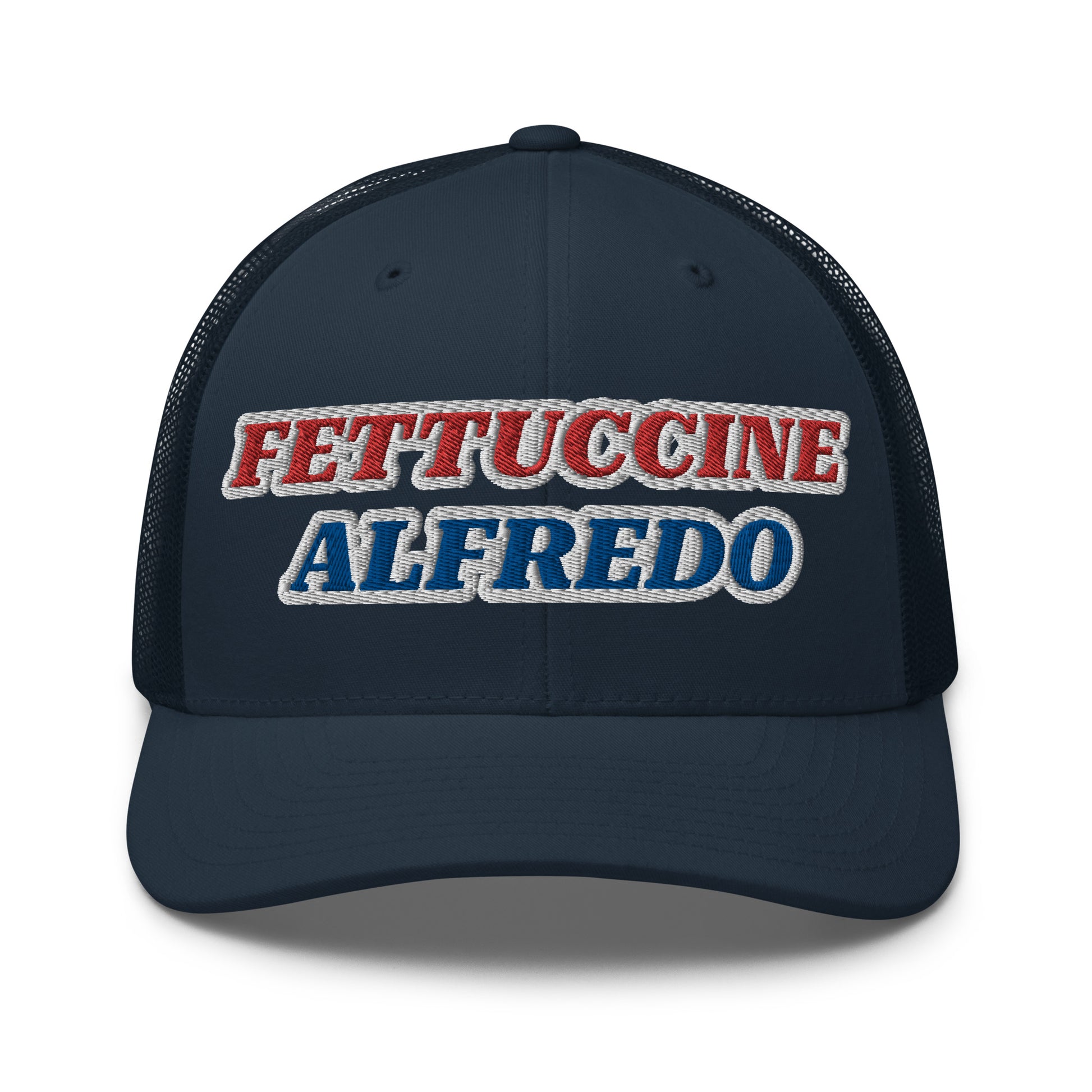 Navy Fettuccine Alfredo Hat - Love Fettuccine Alfredo? Make a statement in our Fettuccine Alfredo trucker hat. It's a classic trucker hat with a funny red, white and blue design, expertly embroidered on the front.