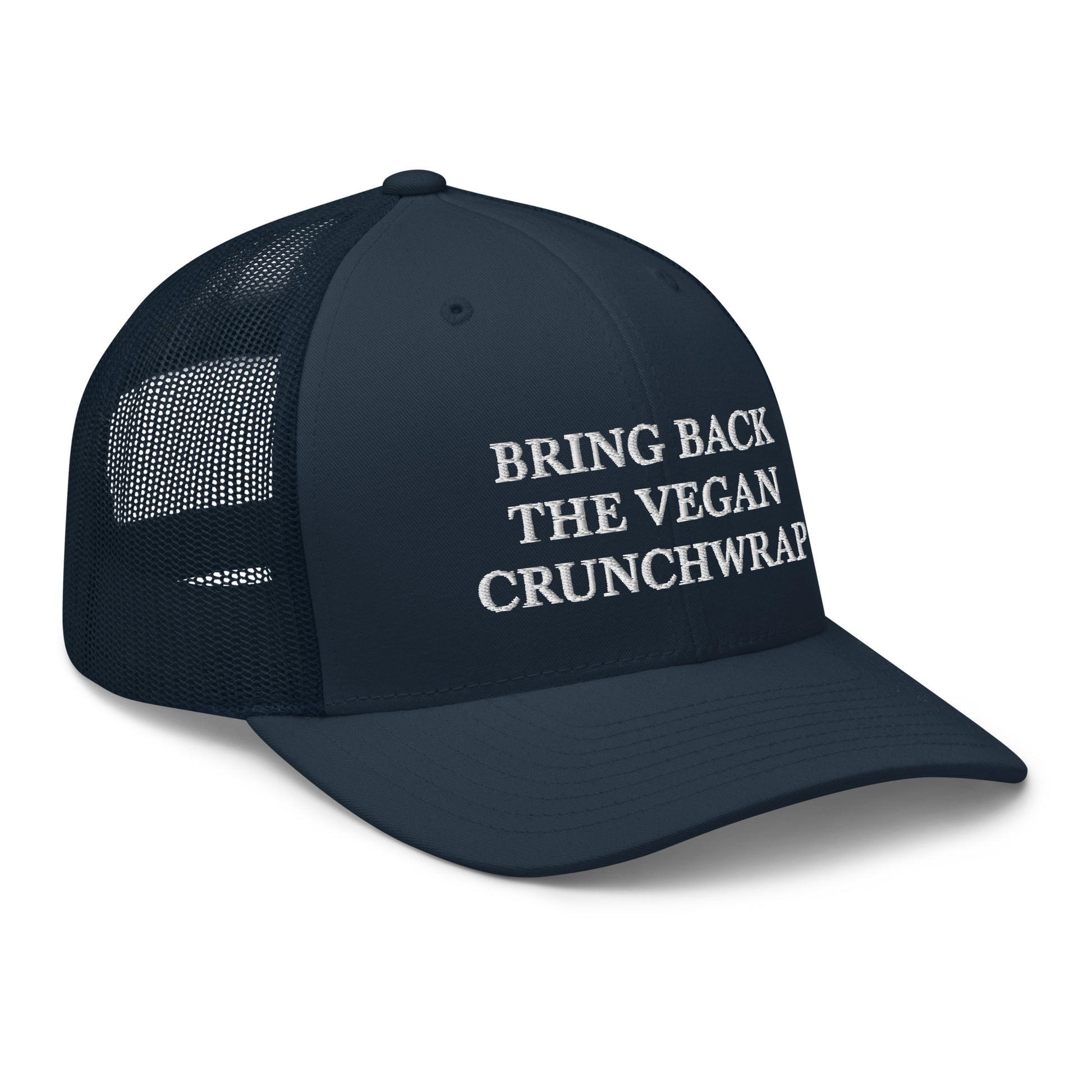 Navy Bring Back The Vegan Crunchwrap Trucker Hat from Nina's Funky Shop by ninanush - Did you have a change to try the Tacobell vegan crunchwrap? Need a funny vegan foodie gift? This Bring Back The Vegan Crunchwrap Hat is comfortable, comes in a variety of colors and has a convenient adjustable closure. It's a fun vegan hat that's expertly embroidered and a perfect funny accessory for plant based babes.