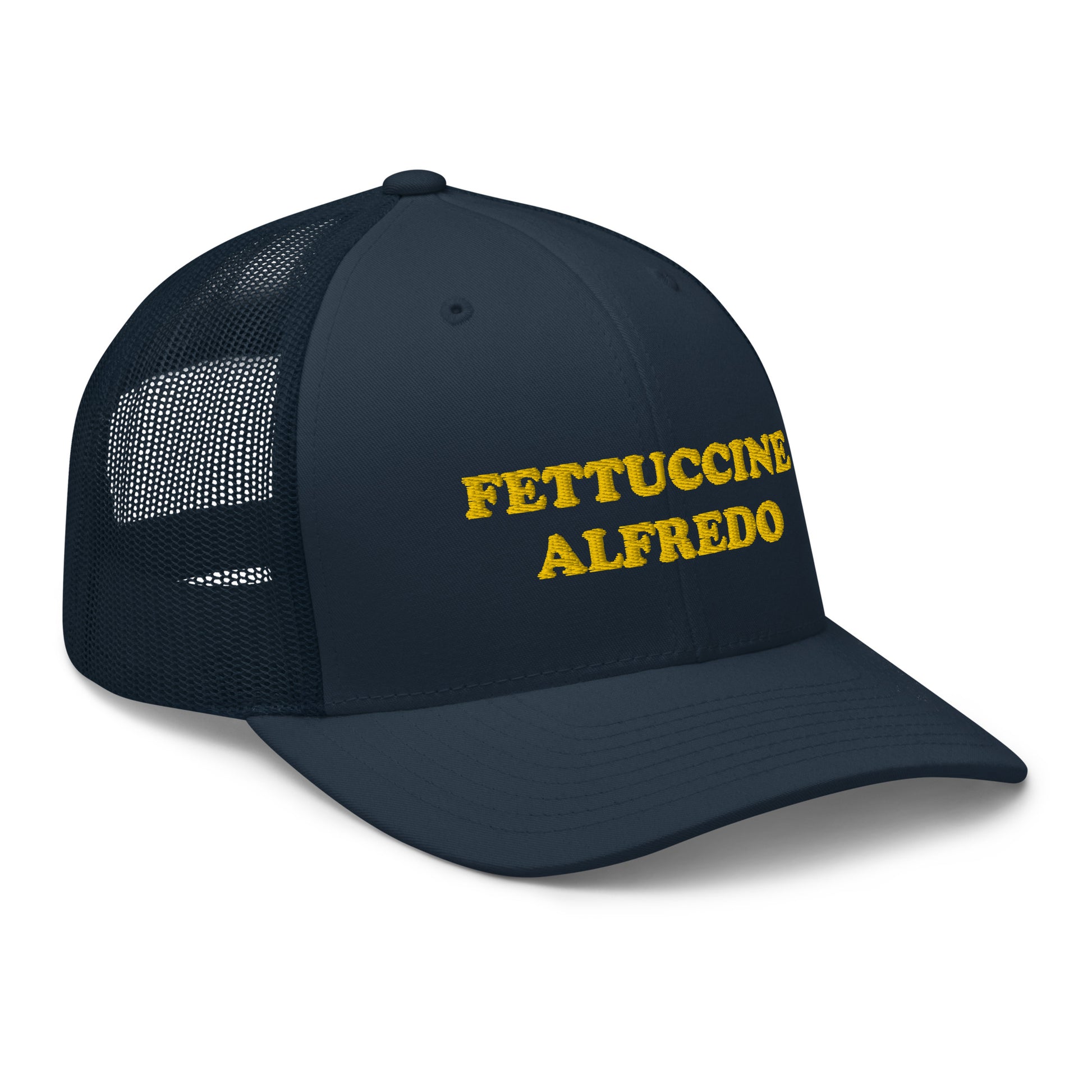 Navy Fettuccine Alfredo Trucker Hat from Nina's Funky Shop by ninanush - This "FETTUCCINE ALFREDO" trucker cap with a mesh back is a comfortable and classic hat. This funky pasta hat is a funny hat that's a perfect funny gift for pasta lovers. The fettuccine alfredo hat is unique and weird. We also have a fettuccine alfredo beanie and dad hat! Shop funny hats, foodie gifts, and more.