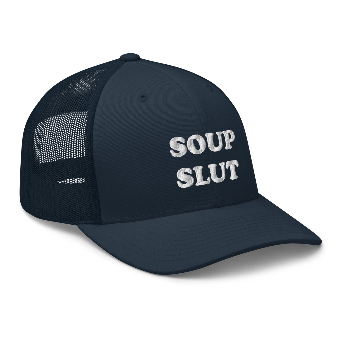 Navy soup slut hat from Nina's Funky Shop by ninanush - Do you love soup? Looking for a funny gift for a soup lover? This Soup Slut Trucker Hat is comfortable, comes in a variety of colors and has a convenient adjustable closure. It's a funny trucker hat with "soup slut", expertly embroidered on the front. The perfect hat for soup enthusiasts and foodies of all kinds.