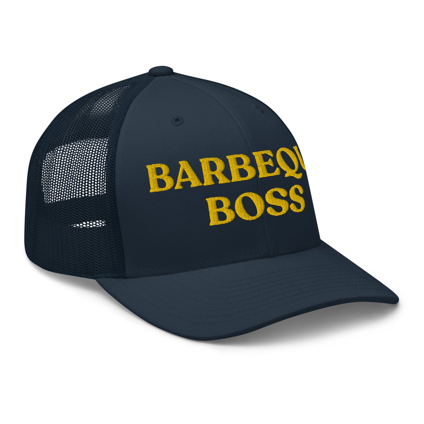 Navy Barbeque Boss Hat - Are you the Barbeque Boss? Looking for a gift for your favorite BBQ buddy? Our Barbeque Boss Trucker Hat might be just for you! It's a classic trucker hat, expertly embroidered with a funny text design. Perfect for summer barbeques or everyday streetwear.