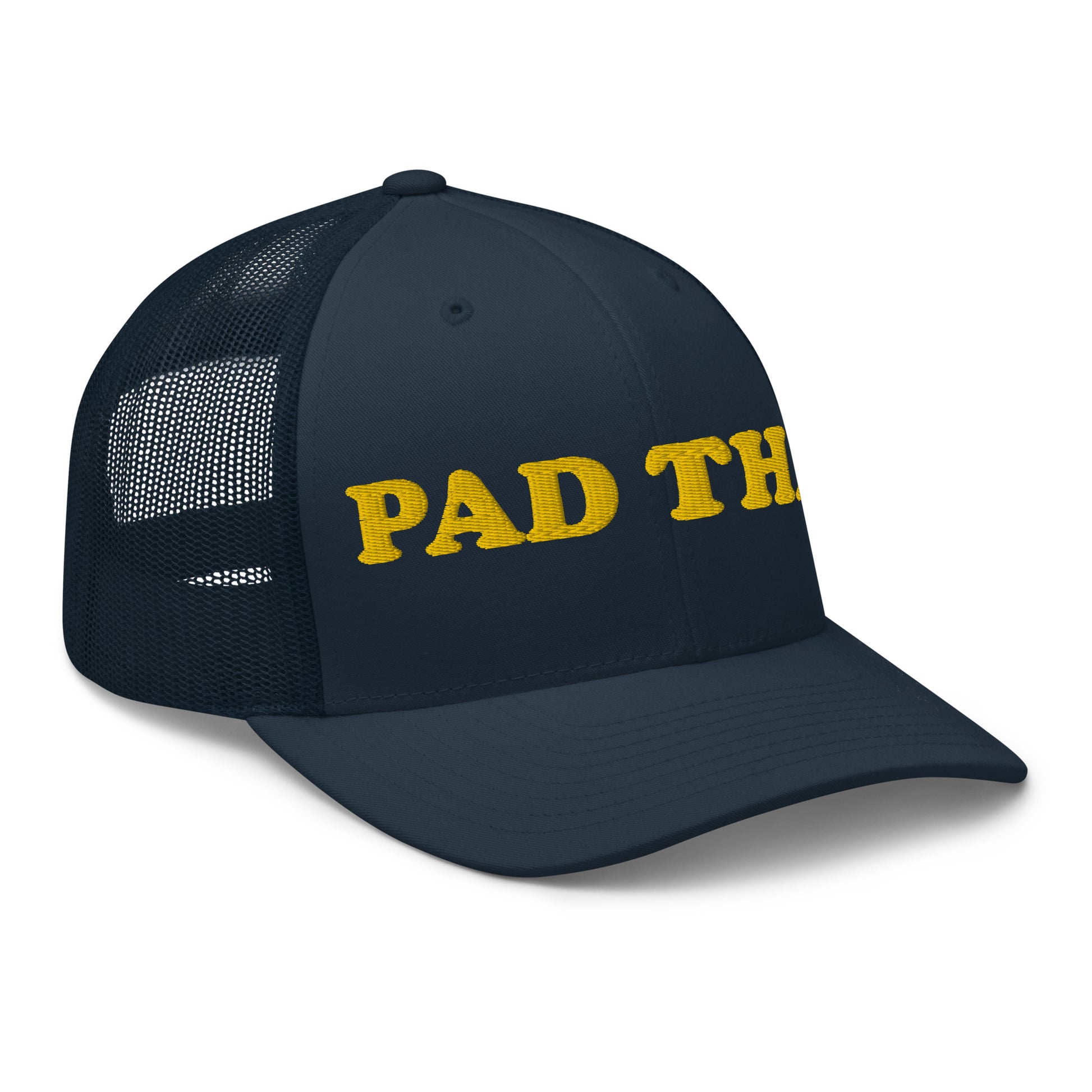 Navy Pad Thai hat - Love Pad Thai? Looking for a funny gift for a Pad Thai enthusiast? Our Pad Thai Hat is comfortable, adjustable and made just for you. It comes in a variety of colors with "Pad Thai", expertly embroidered on the front. Make a statement in this funny food hat. Perfect for everyday streetwear or your next touristy trip to Thailand.