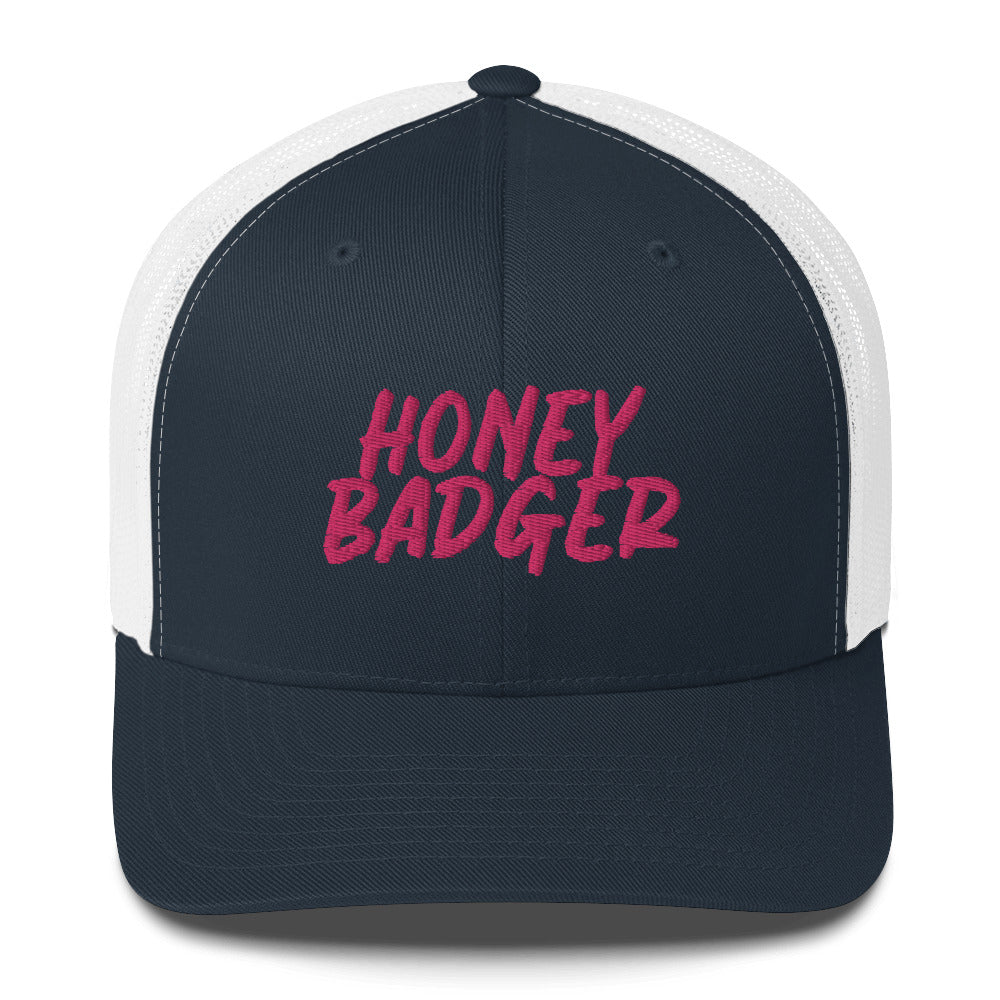 Navy and White honey badger hat from Nina's Funky Shop by ninanush - Do you love honey badgers? Looking for a fun gift for a friend? This Honey Badger Trucker Hat is just what you need. It's comfortable, comes in a variety of colors and has a convenient adjustable closure. This honey badger hat is expertly embroidered and made just for you.