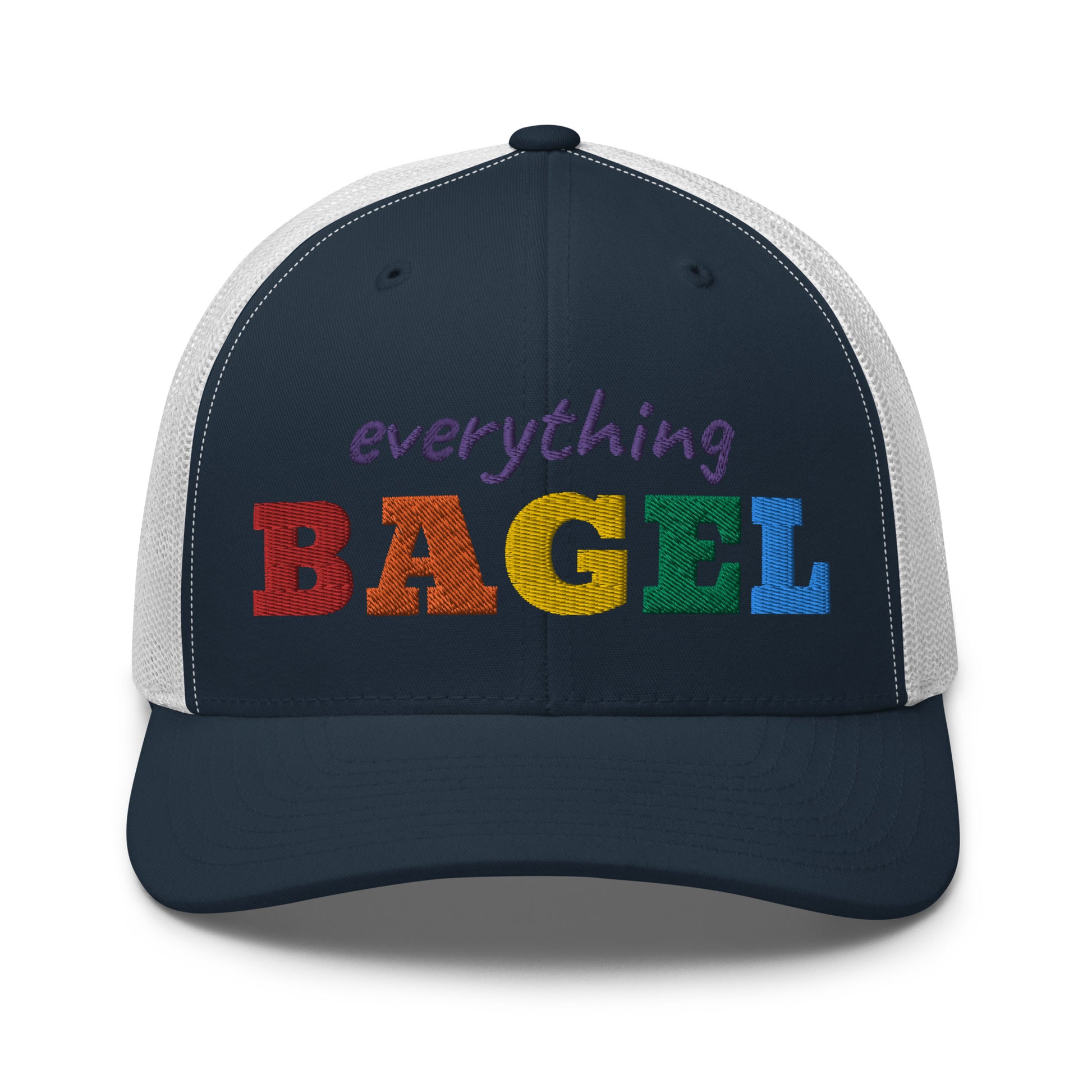 Navy and White Trucker Hat for Pride - Our Everything Bagel Pride Bucket Hat is sure to turn heads and have everyone asking, "Where'd you get that hat?" It's comfortable, adjustable and comes in a variety of colors with a funny rainbow design for pride. Looking for something personalized? Shoot us an email! 