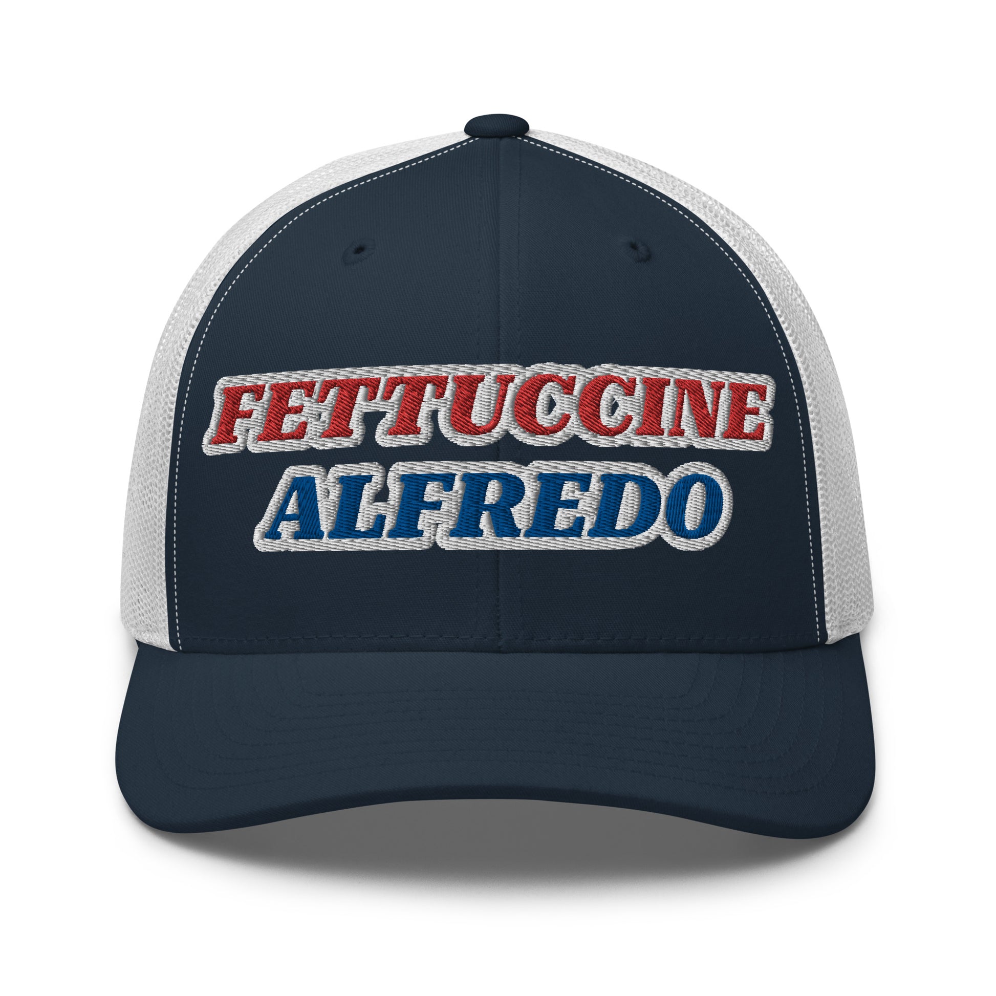 Navy and white Fettuccine Alfredo Hat - Love Fettuccine Alfredo? Make a statement in our Fettuccine Alfredo trucker hat. It's a classic trucker hat with a funny red, white and blue design, expertly embroidered on the front. 