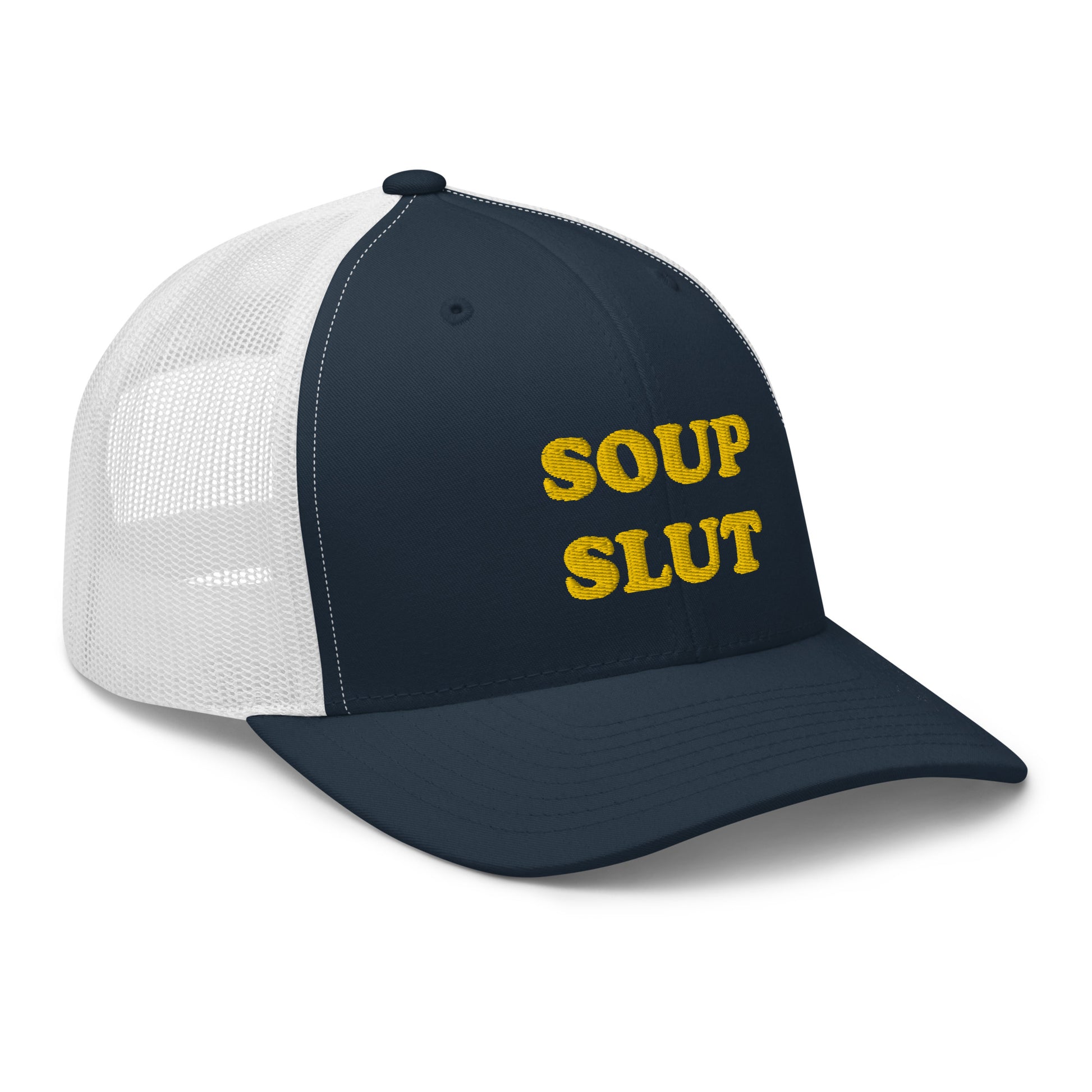 Navy and white soup slut hat from Nina's Funky Shop by ninanush - Do you love soup? Looking for a funny gift for a soup lover? This Soup Slut Trucker Hat is comfortable, comes in a variety of colors and has a convenient adjustable closure. It's a funny trucker hat with "soup slut", expertly embroidered on the front. The perfect hat for soup enthusiasts and foodies of all kinds.