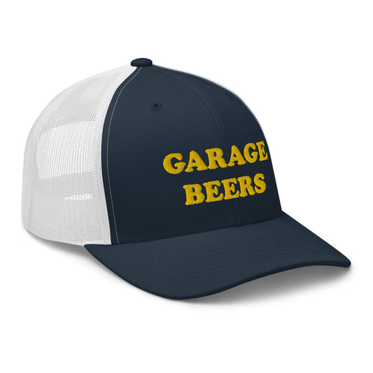 Navy and White Garage Beers Trucker Hat from Nina's Funky Shop - Love Beer? Looking for a funny gift for a friend? This Garage Beers Trucker Hat is comfortable, has a convenient adjustable closure and comes in a variety of colors with "garage beers", expertly embroidered on the front. It's a funny trucker hat for everyday beer lovers. 