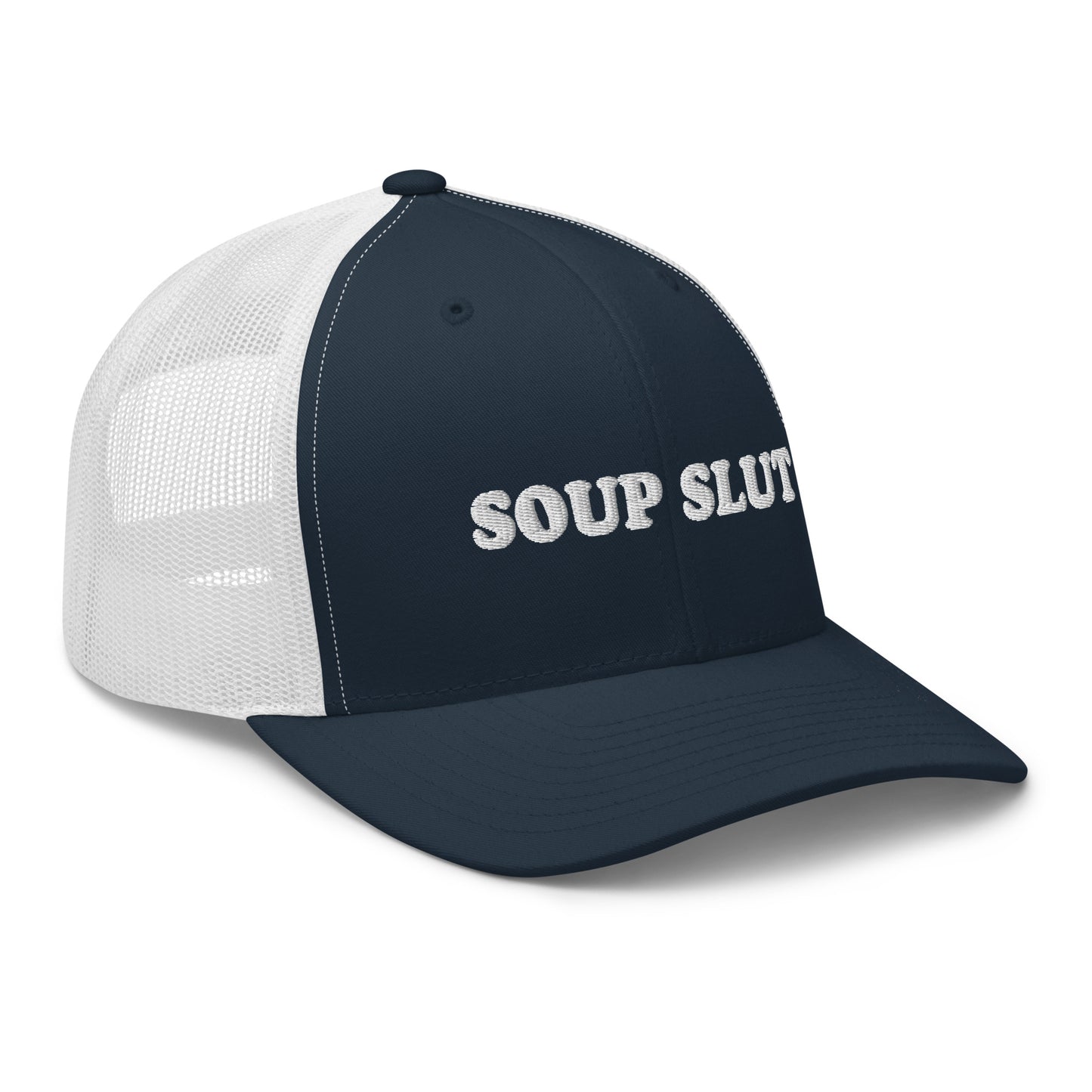 Navy Soup Slut Hat - Soup enthusiast? Looking for a funny gift for a foodie? This Soup Slut Trucker Hat is comfortable, comes in a variety of colors and has a convenient adjustable closure. This fun soup slut hat is expertly embroidered and the perfect hat for soup lovers and foodies of all kinds. Celebrate your favorite foods in our funky foodie clothing and accessories! 