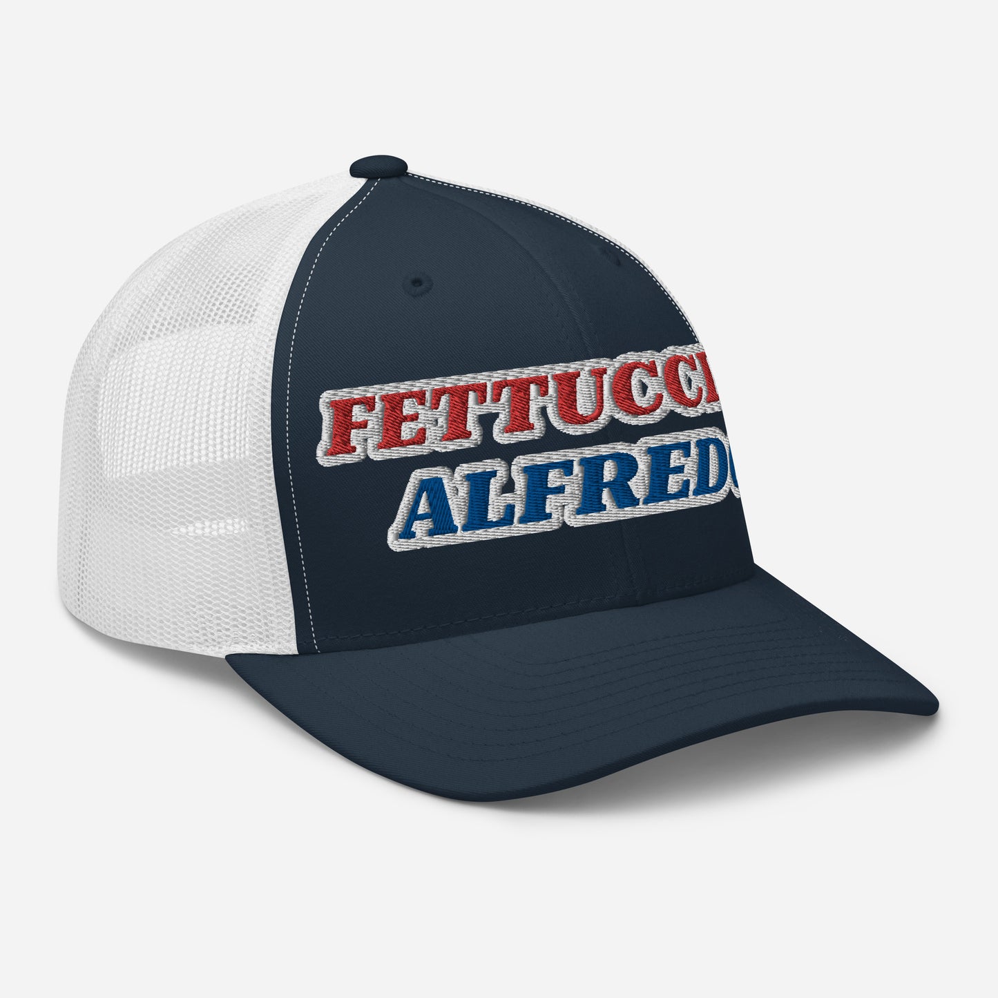 Navy and white Fettuccine Alfredo Hat - Love Fettuccine Alfredo? Make a statement in our Fettuccine Alfredo trucker hat. It's a classic trucker hat with a funny red, white and blue design, expertly embroidered on the front.