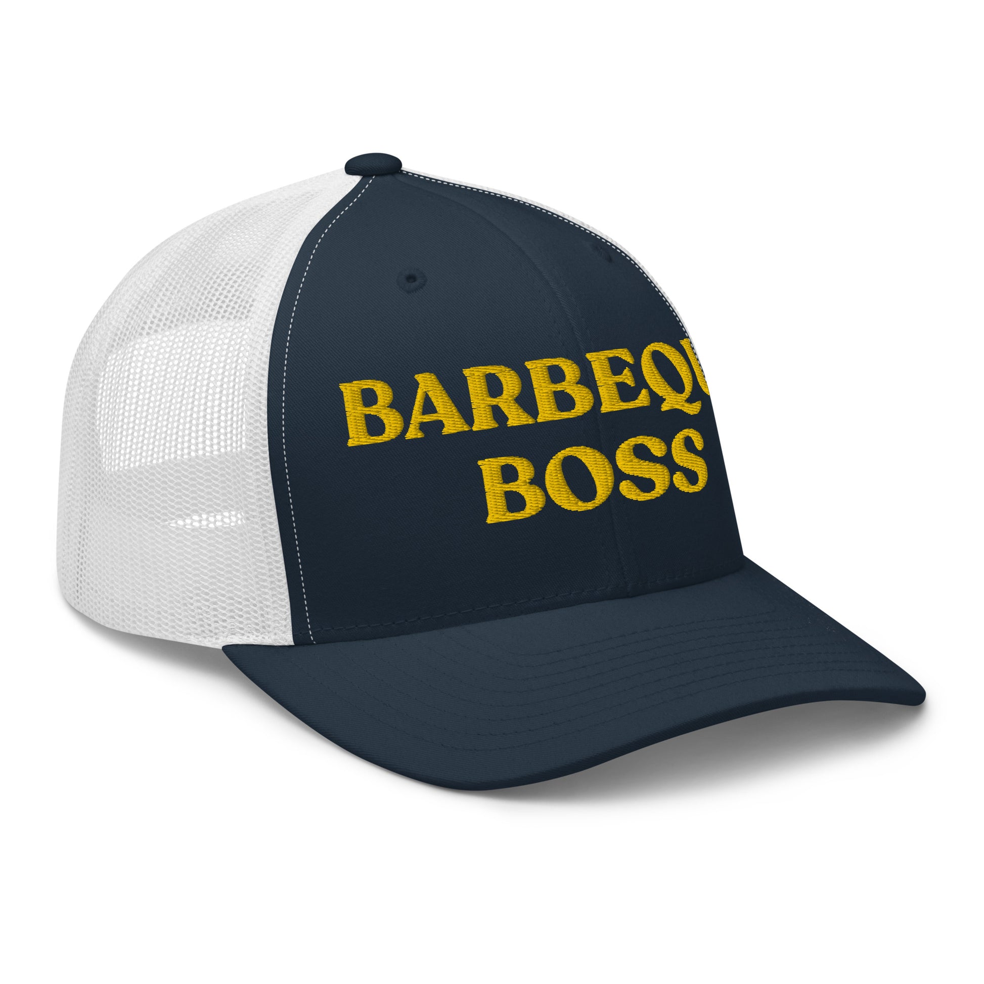 Navy and white Barbeque Boss Hat - Are you the Barbeque Boss? Looking for a gift for your favorite BBQ buddy? Our Barbeque Boss Trucker Hat might be just for you! It's a classic trucker hat, expertly embroidered with a funny text design. Perfect for summer barbeques or everyday streetwear.