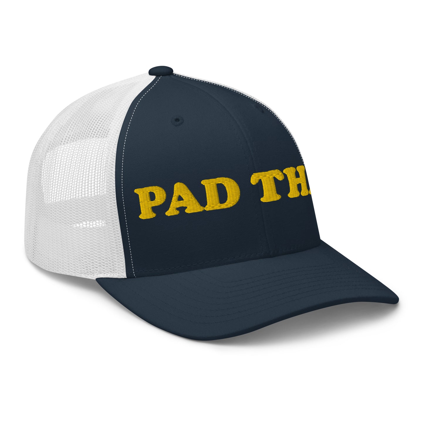 Navy Pad Thai hat - Love Pad Thai? Looking for a funny gift for a Pad Thai enthusiast? Our Pad Thai Hat is comfortable, adjustable and made just for you. It comes in a variety of colors with "Pad Thai", expertly embroidered on the front. Make a statement in this funny food hat. Perfect for everyday streetwear or your next touristy trip to Thailand.