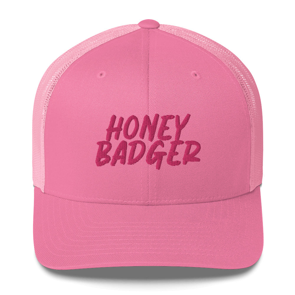 Pink honey badger hat from Nina's Funky Shop by ninanush - Do you love honey badgers? Looking for a fun gift for a friend? This Honey Badger Trucker Hat is just what you need. It's comfortable, comes in a variety of colors and has a convenient adjustable closure. This honey badger hat is expertly embroidered and made just for you.