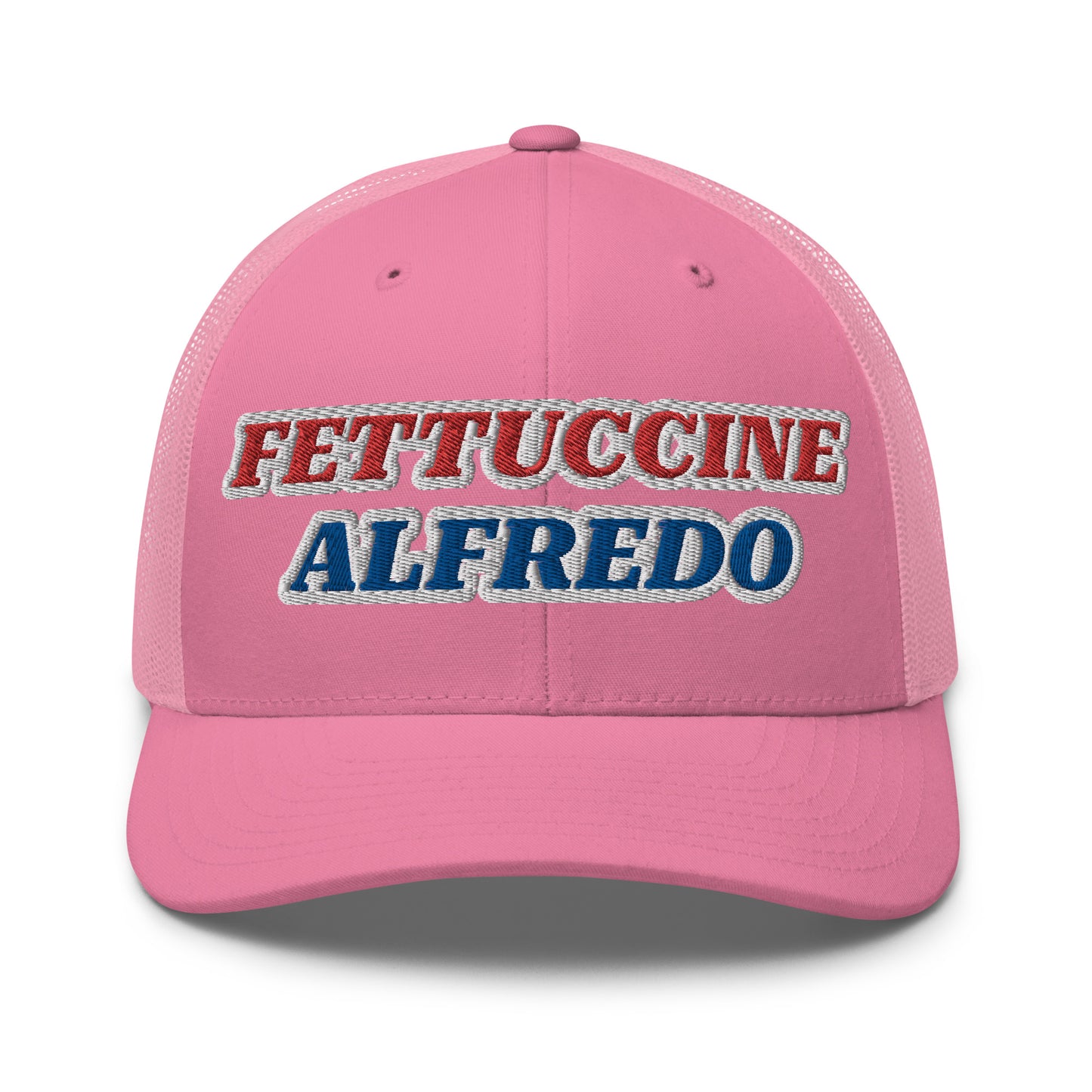 Pink Fettuccine Alfredo Hat - Love Fettuccine Alfredo? Make a statement in our Fettuccine Alfredo trucker hat. It's a classic trucker hat with a funny red, white and blue design, expertly embroidered on the front.