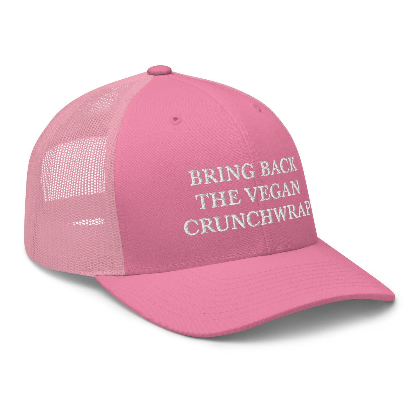 Pink Bring Back The Vegan Crunchwrap Trucker Hat from Nina's Funky Shop by ninanush - Did you have a change to try the Tacobell vegan crunchwrap? Need a funny vegan foodie gift? This Bring Back The Vegan Crunchwrap Hat is comfortable, comes in a variety of colors and has a convenient adjustable closure. It's a fun vegan hat that's expertly embroidered and a perfect funny accessory for plant based babes.