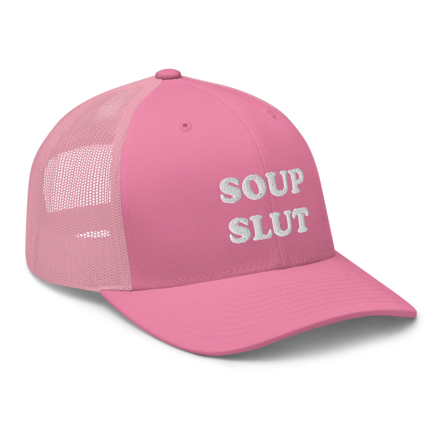 Pink soup slut hat from Nina's Funky Shop by ninanush - Do you love soup? Looking for a funny gift for a soup lover? This Soup Slut Trucker Hat is comfortable, comes in a variety of colors and has a convenient adjustable closure. It's a funny trucker hat with "soup slut", expertly embroidered on the front. The perfect hat for soup enthusiasts and foodies of all kinds.