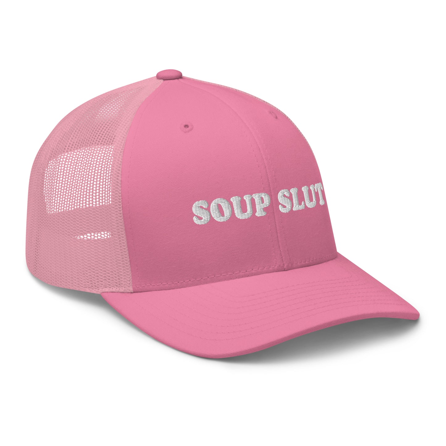 Pink Soup Slut Hat - Soup enthusiast? Looking for a funny gift for a foodie? This Soup Slut Trucker Hat is comfortable, comes in a variety of colors and has a convenient adjustable closure. This fun soup slut hat is expertly embroidered and the perfect hat for soup lovers and foodies of all kinds. Celebrate your favorite foods in our funky foodie clothing and accessories!