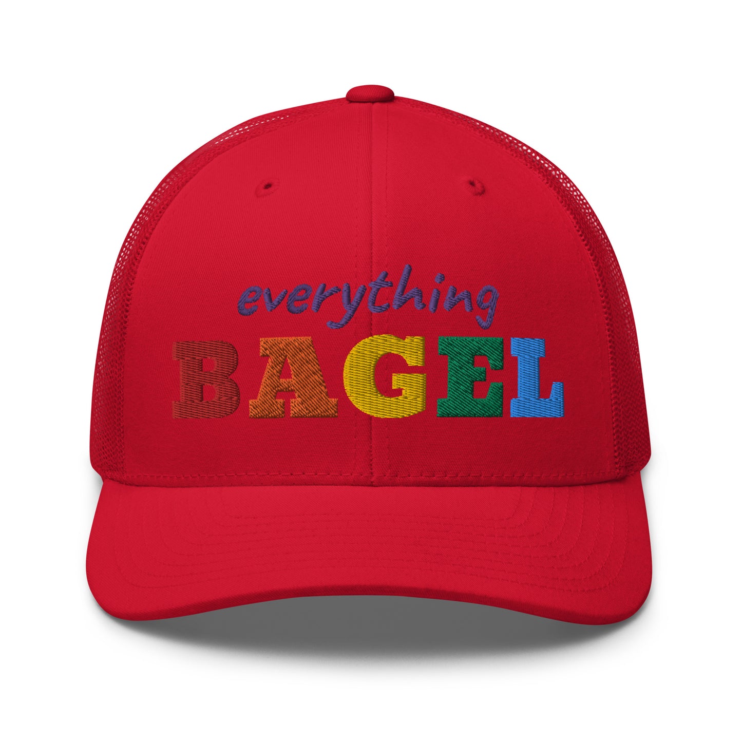 Red Trucker Hat for Pride - Our Everything Bagel Pride Bucket Hat is sure to turn heads and have everyone asking, "Where'd you get that hat?" It's comfortable, adjustable and comes in a variety of colors with a funny rainbow design for pride. Looking for something personalized? Shoot us an email!