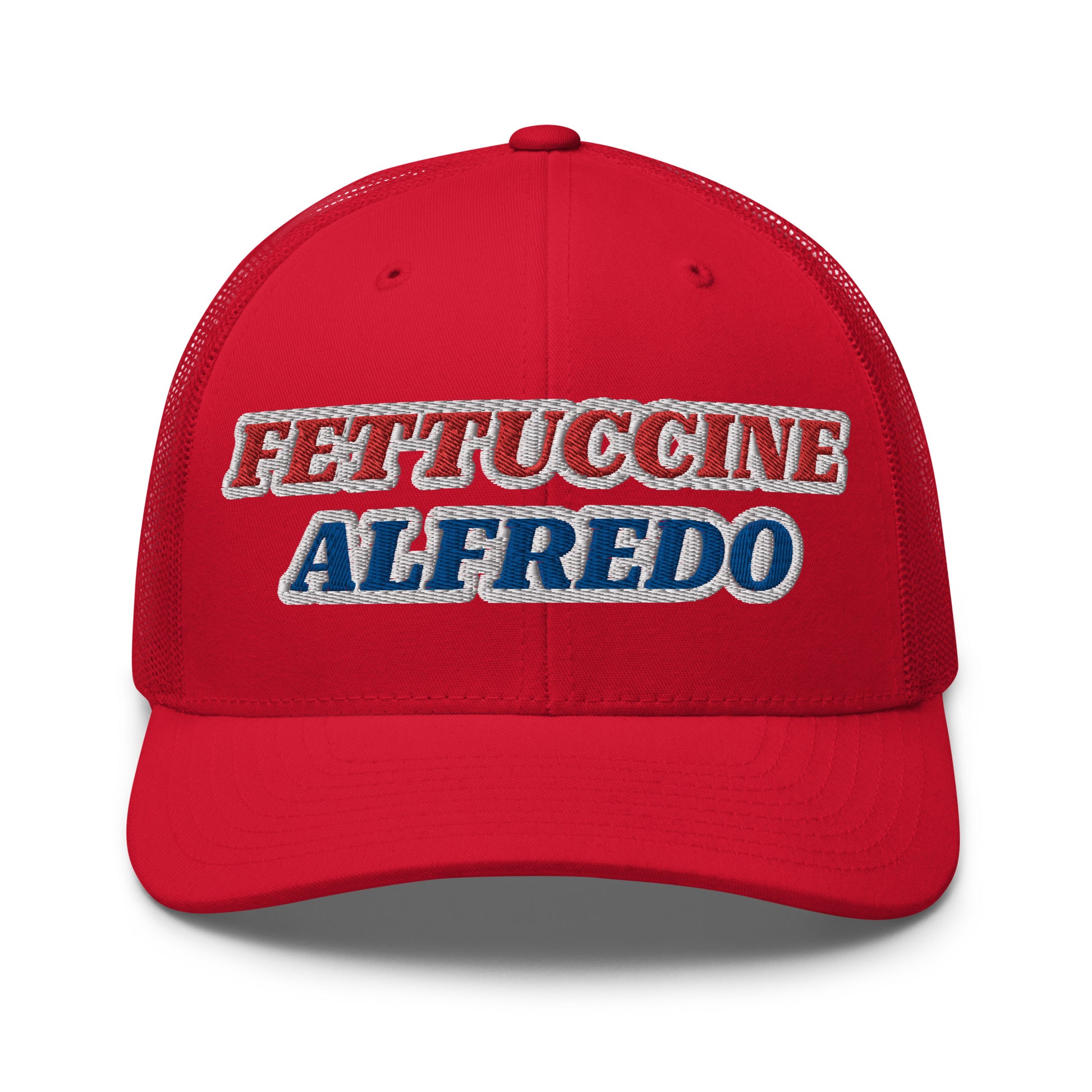 Red Fettuccine Alfredo Hat - Love Fettuccine Alfredo? Make a statement in our Fettuccine Alfredo trucker hat. It's a classic trucker hat with a funny red, white and blue design, expertly embroidered on the front.